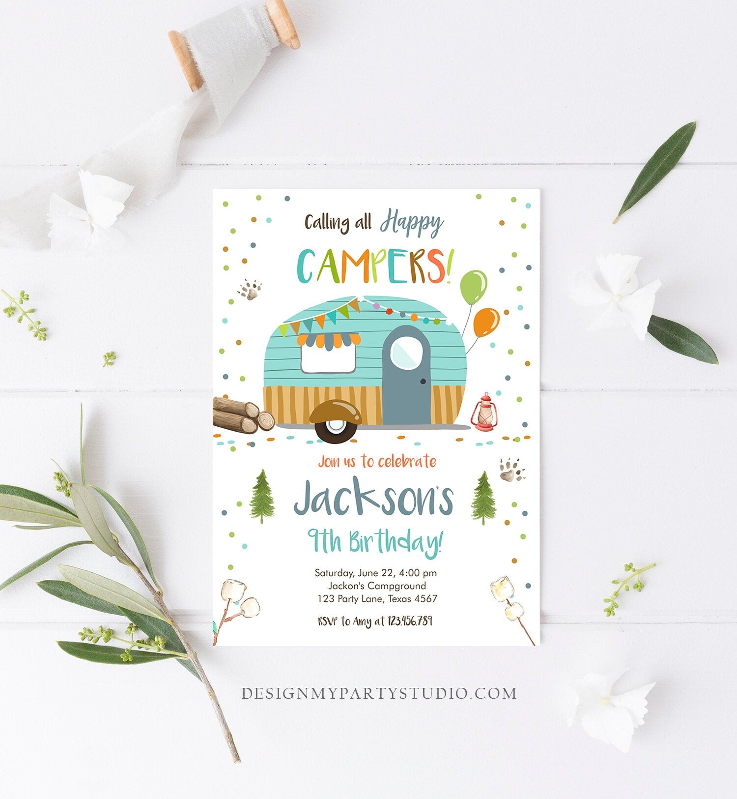 Editable Happy Camper Birthday Invitation Boy Birthday Camping Party S'more Forest Glamping Download Printable Template Digital Corjl 0342