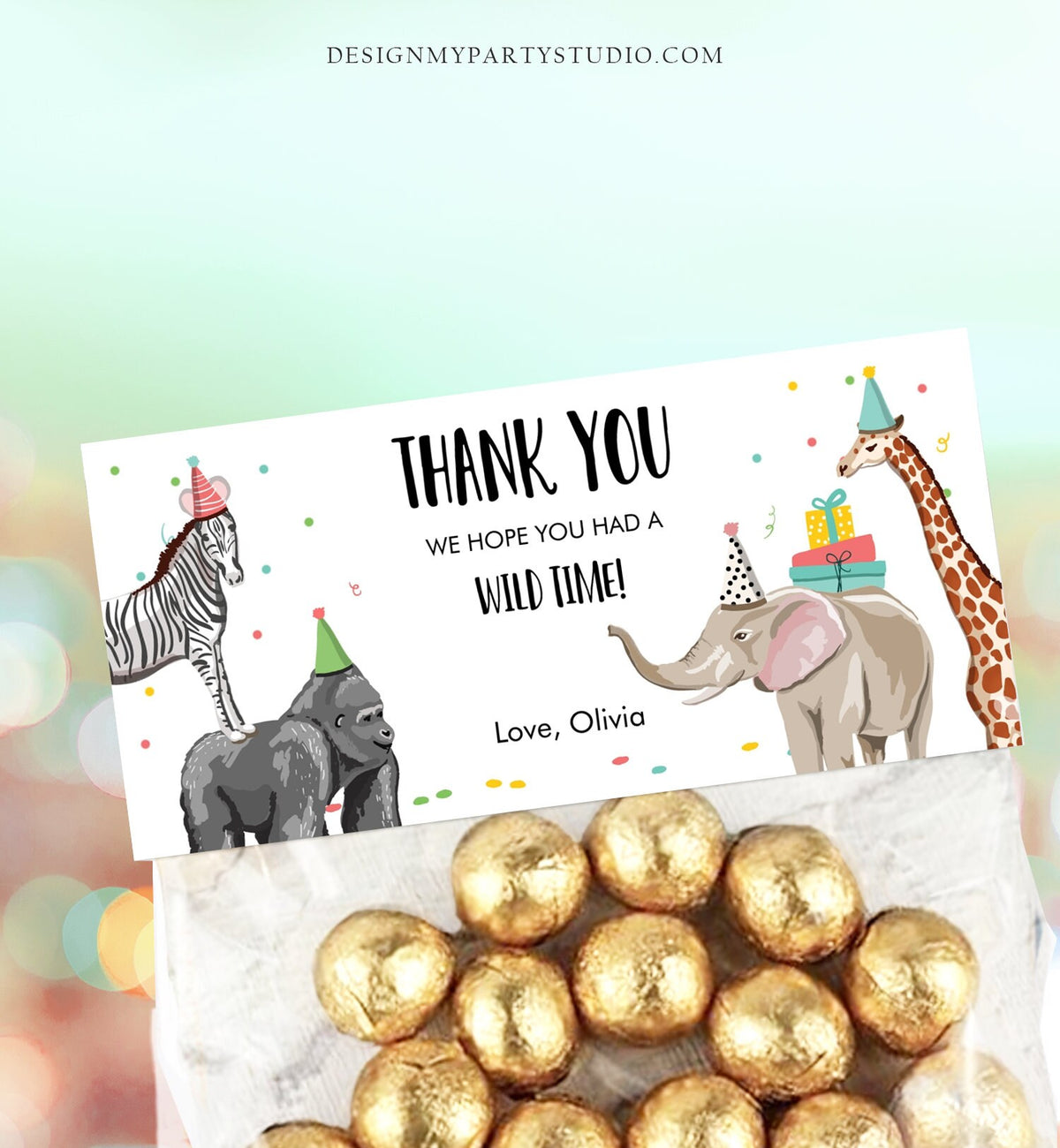 Editable Party Animals Treat Bag Toppers Safari Animals Birthday Thank You Wild One Favor Bag Zoo Wild Time Corjl Template Printable 0142