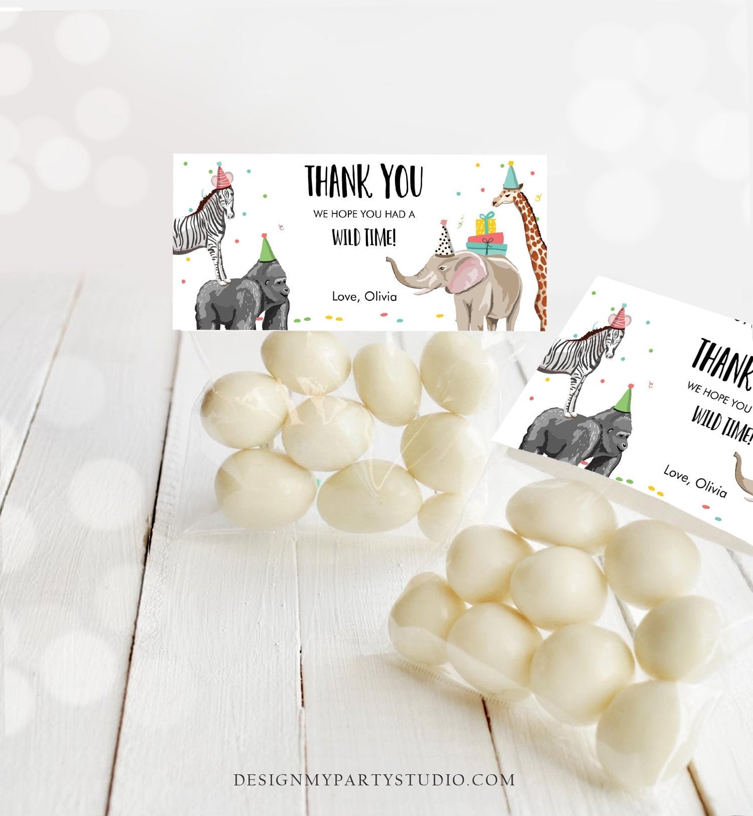 Editable Party Animals Treat Bag Toppers Safari Animals Birthday Thank You Wild One Favor Bag Zoo Wild Time Corjl Template Printable 0142