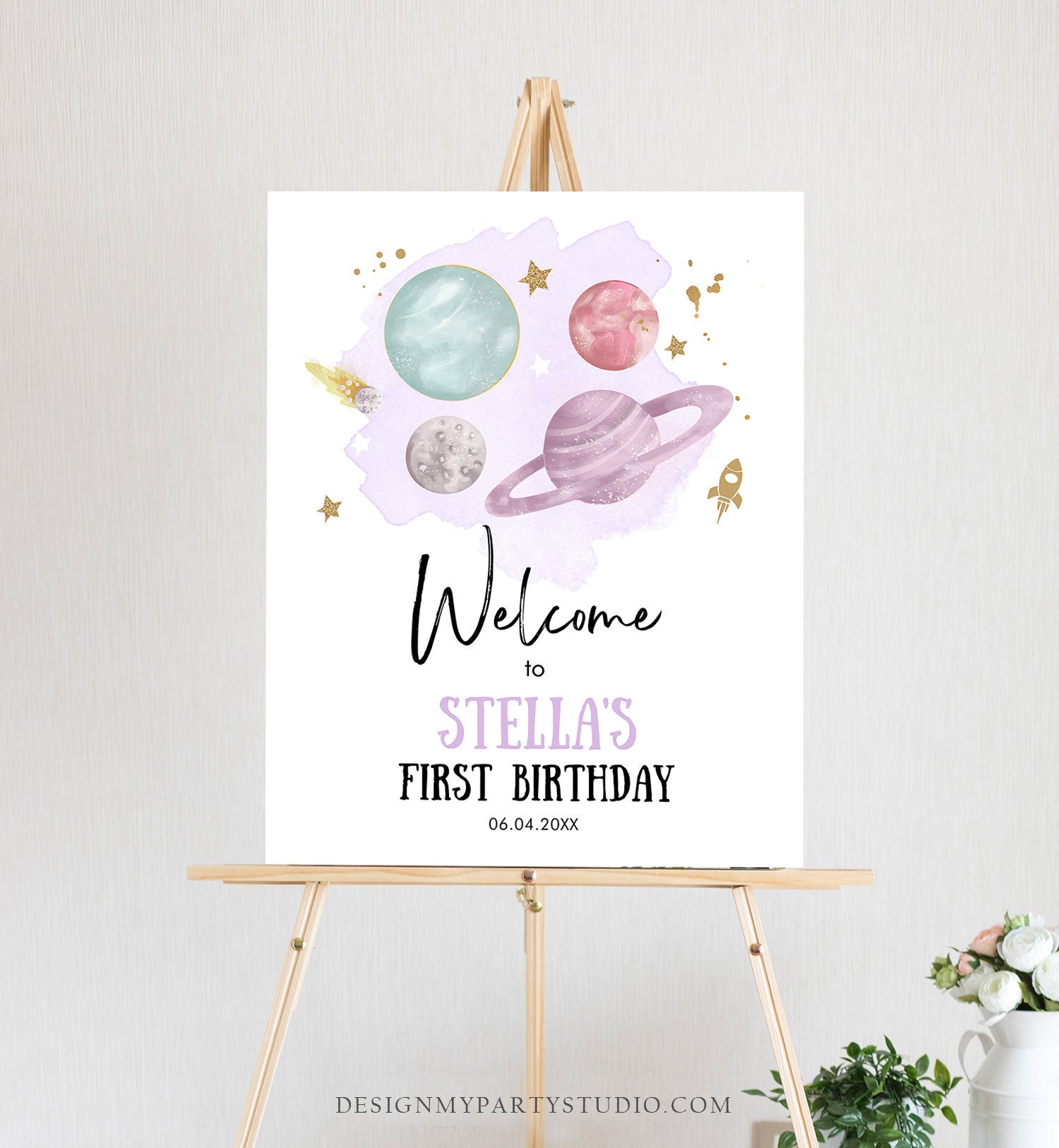 Editable Outer Space Birthday Welcome Sign 1st Birthday Girl Purple Galaxy Planets Around the Sun Astronaut Template PRINTABLE Corjl 0357