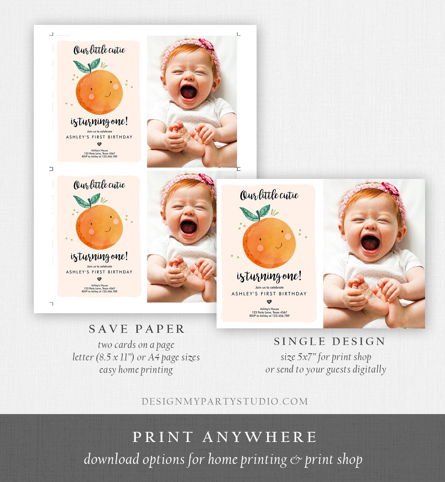 Editable Little Cutie Birthday Invitation Clementine Oranges Party Boy Girl Orange Invitation Citrus Download Printable Corjl Template 0330