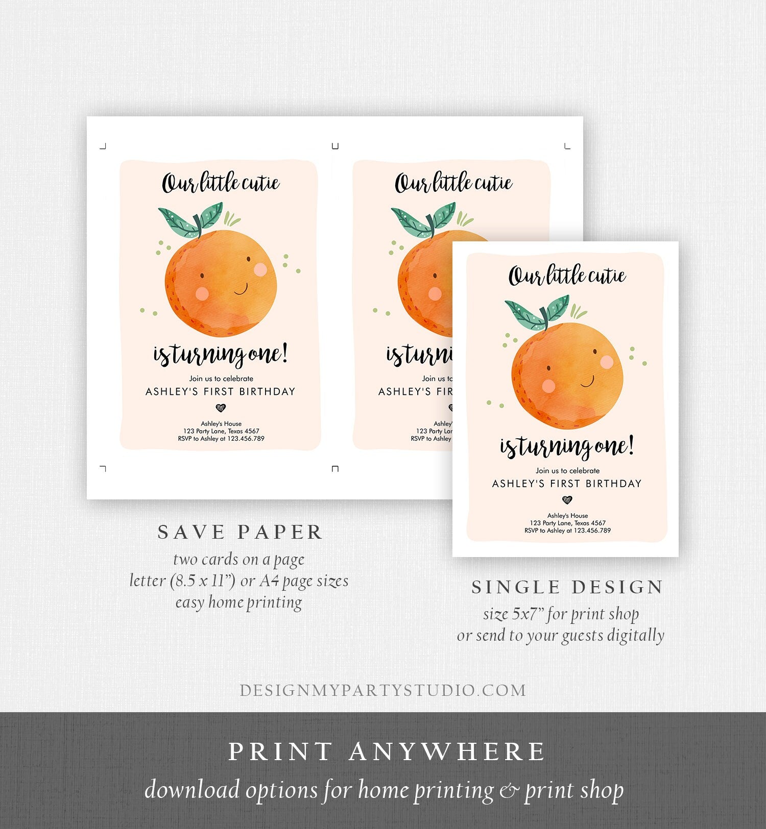 Editable Little Cutie Birthday Invitation Clementine Oranges Party Boy Girl Orange Invitation Citrus Download Printable Corjl Template 0330