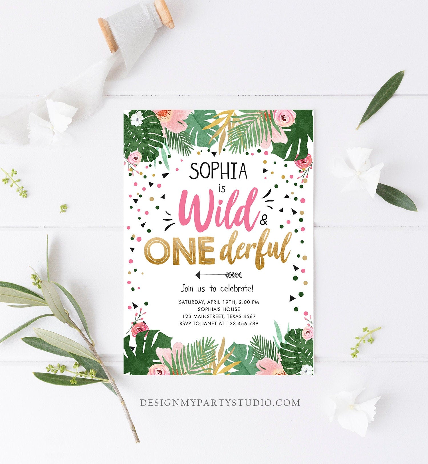 Editable Wild and Onederful Birthday Invitation Girl Wild One Safari Tropical Pink Gold Jungle First Birthday Corjl Template Printable 0332