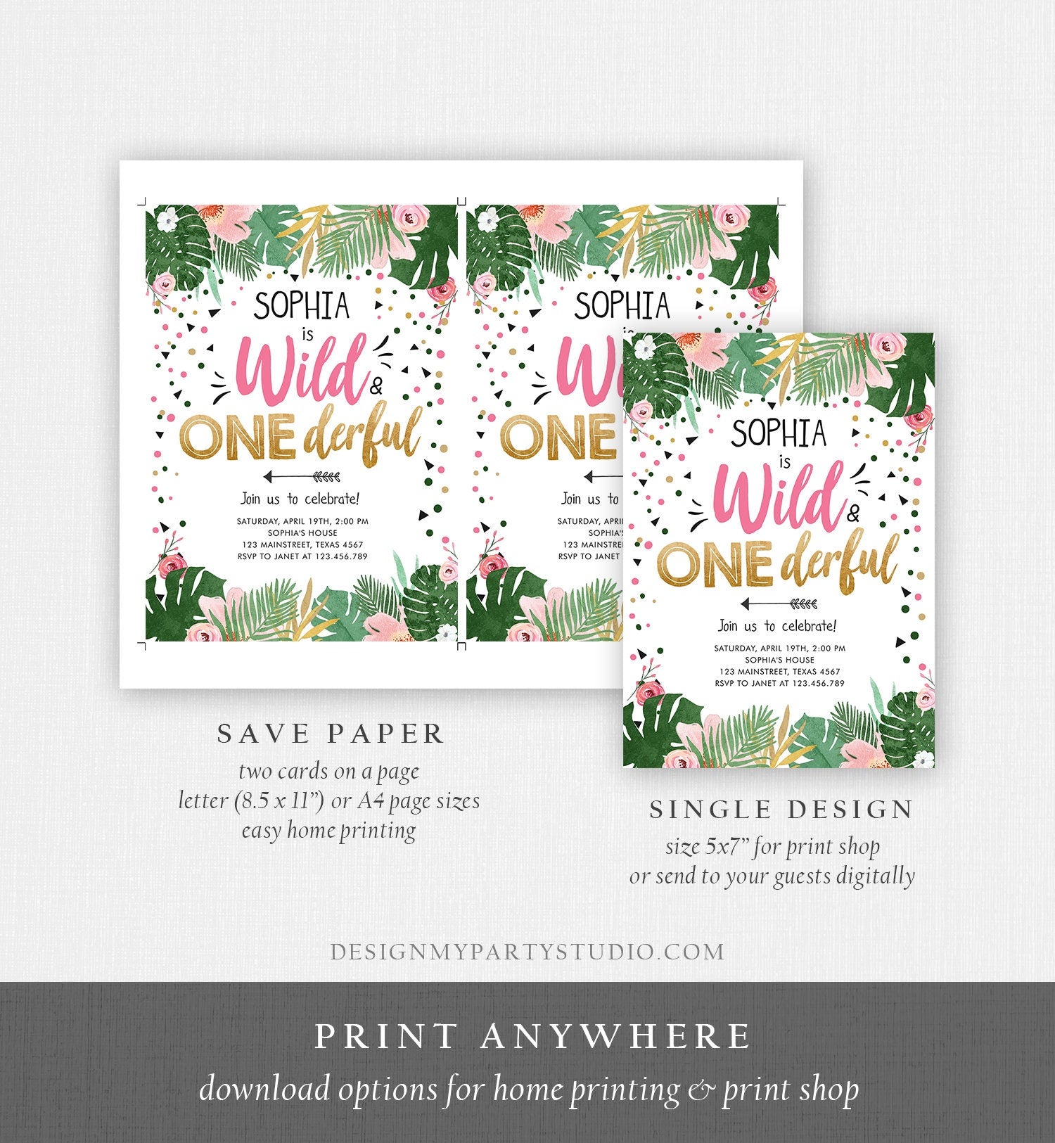 Editable Wild and Onederful Birthday Invitation Girl Wild One Safari Tropical Pink Gold Jungle First Birthday Corjl Template Printable 0332