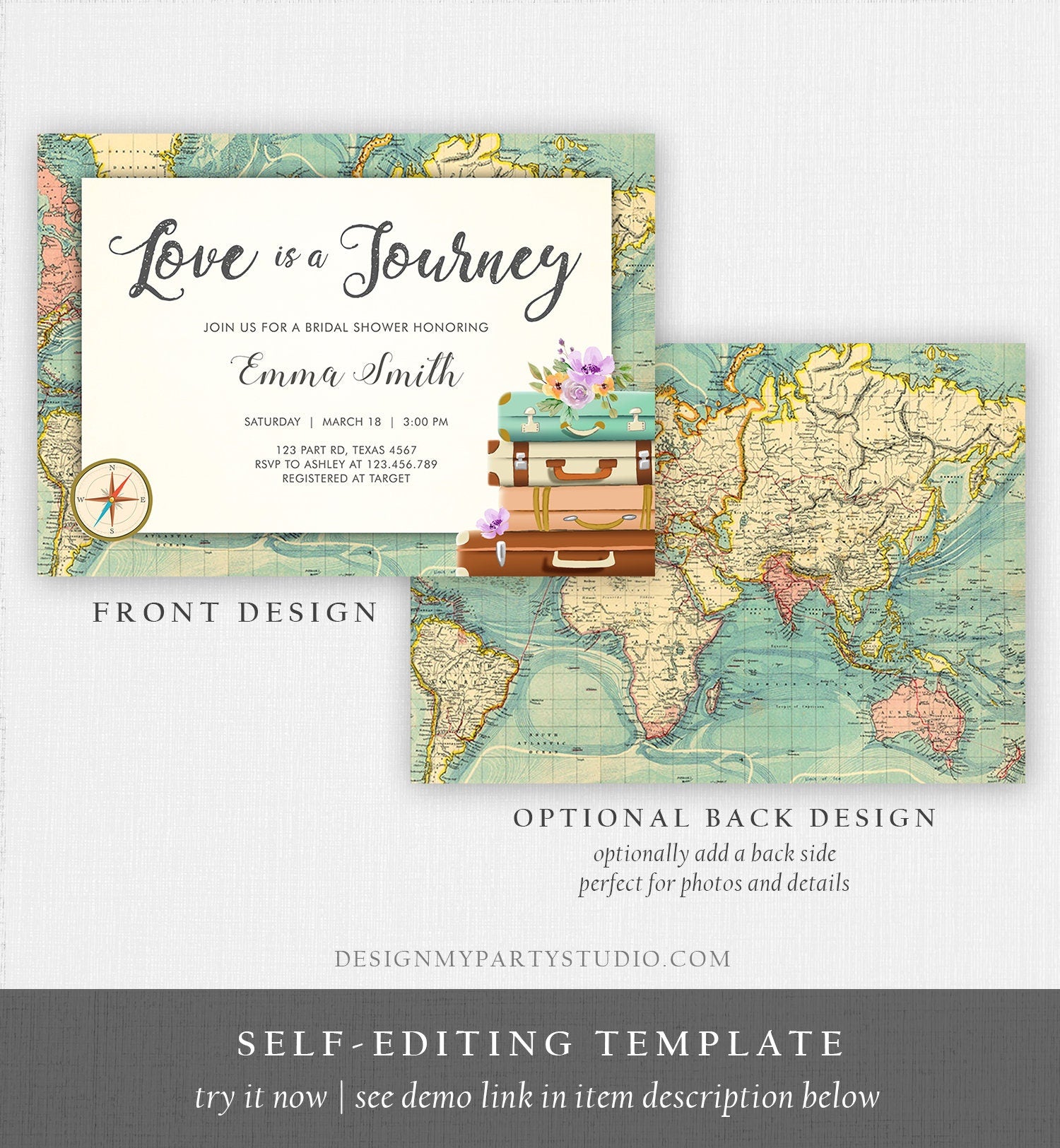 Editable Love is a Journey Bridal Shower Invitation World Map Suitcase Vintage Adventure Purple Lilac Floral Template Corjl Printable 0044