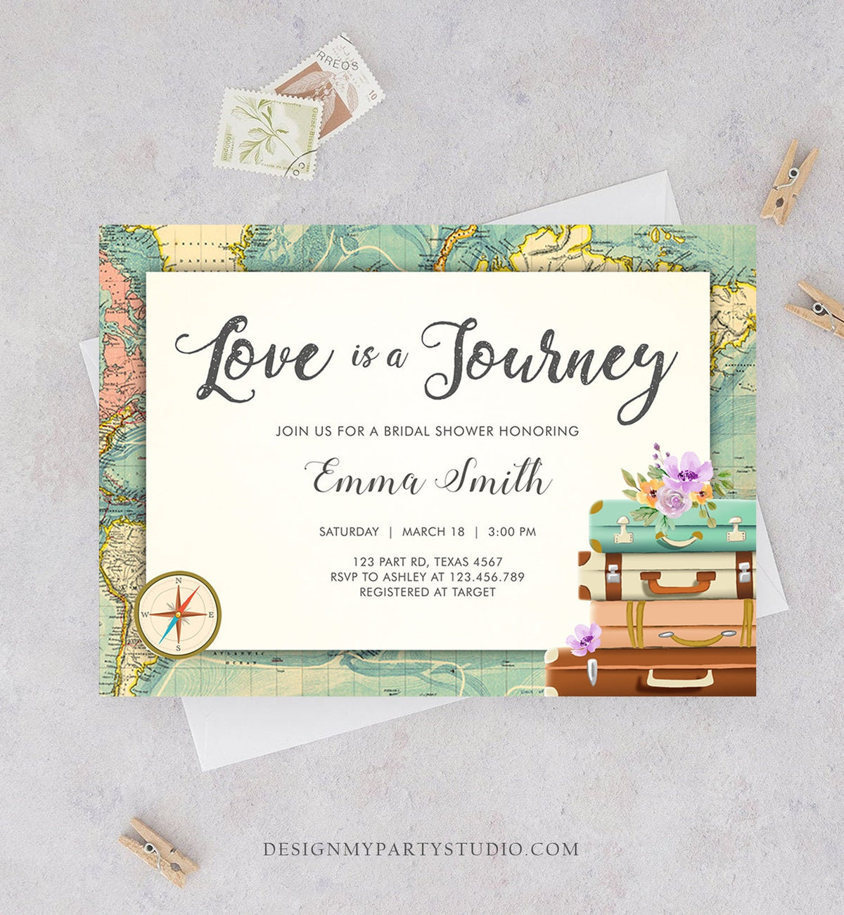 Editable Love is a Journey Bridal Shower Invitation World Map Suitcase Vintage Adventure Purple Lilac Floral Template Corjl Printable 0044