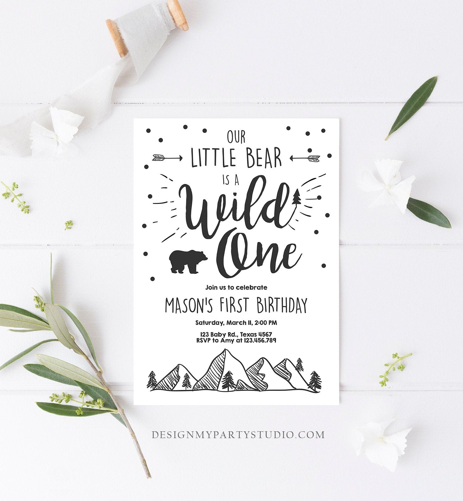 Editable Wild One Adventure First Birthday Invitation Little Bear Wild Things Boy Mountains Outdoor Download Printable Corjl Template 0083