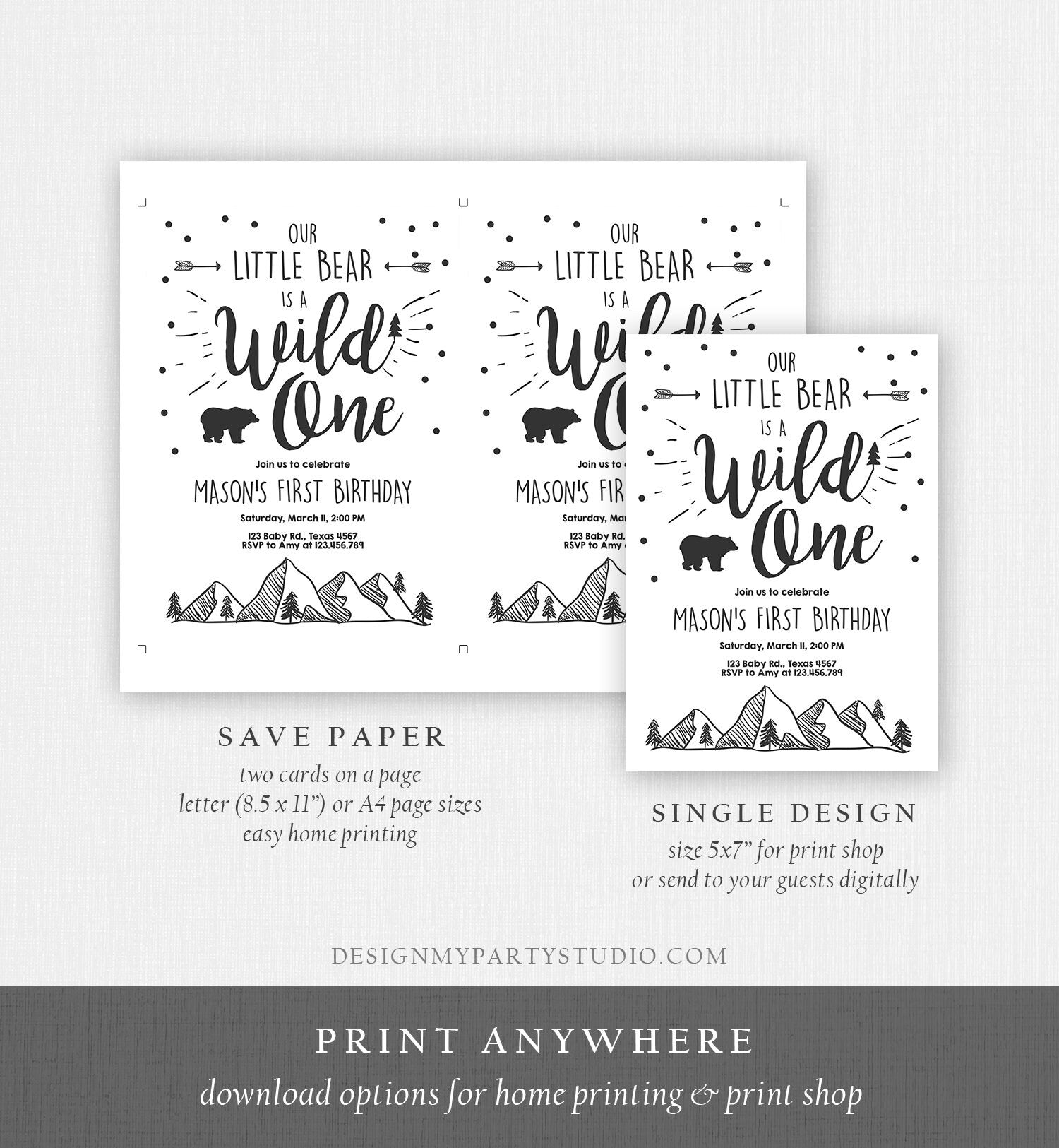 Editable Wild One Adventure First Birthday Invitation Little Bear Wild Things Boy Mountains Outdoor Download Corjl Template Printable 0083