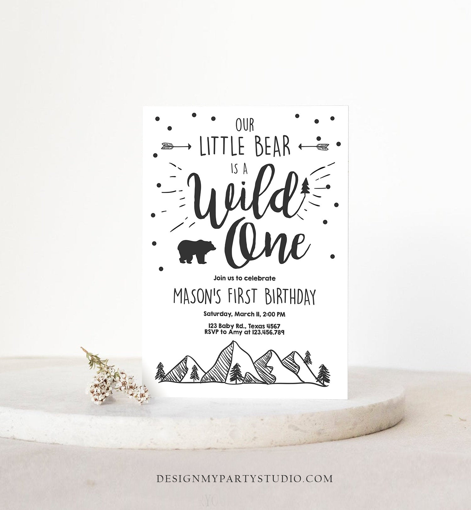 Editable Wild One Adventure First Birthday Invitation Little Bear Wild Things Boy Mountains Outdoor Download Corjl Template Printable 0083