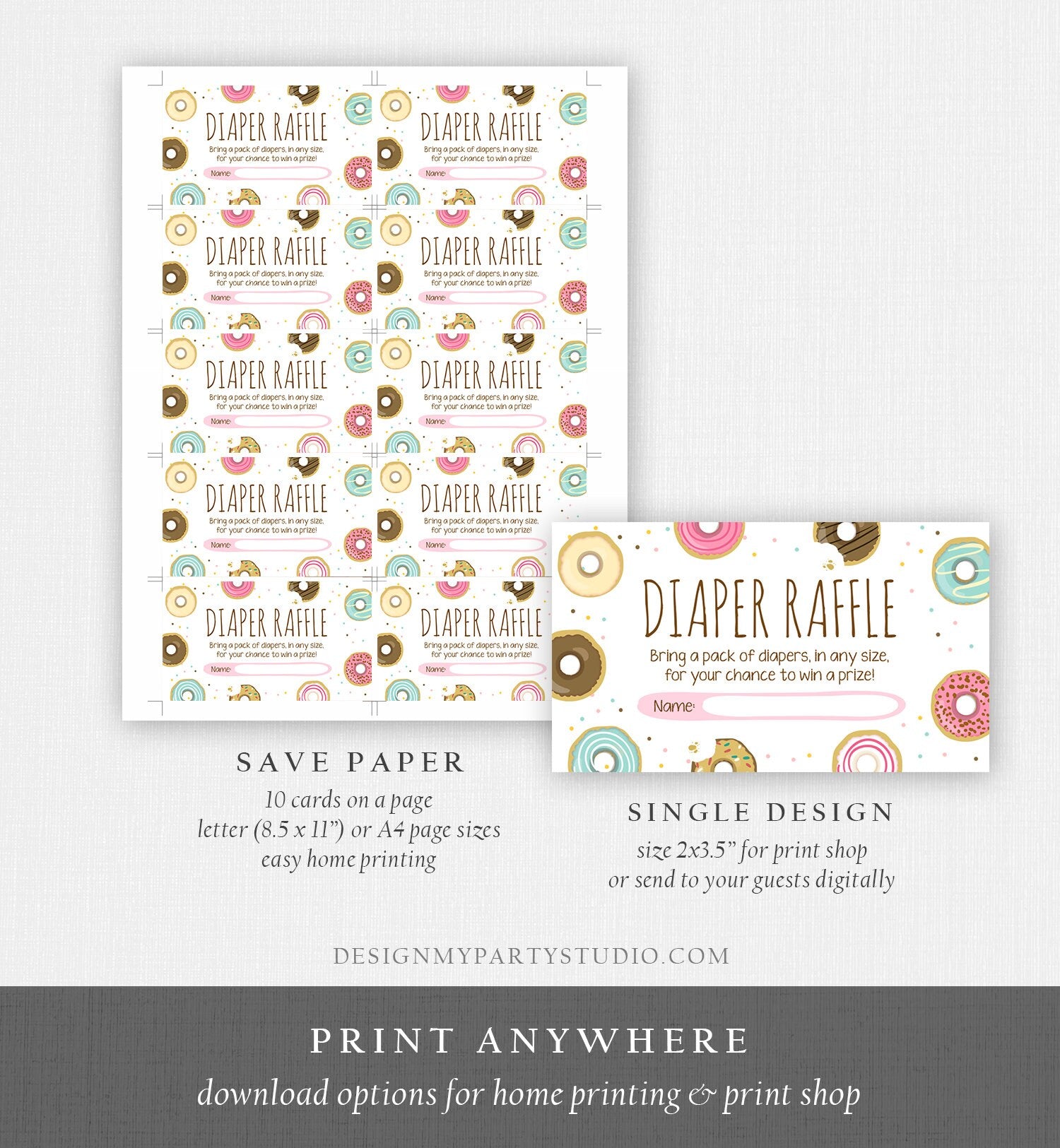 Editable Donut Diaper Raffle Ticket Baby Shower Pink Girl Sweet Doughnut Diaper Game Sprinkled With Love Corjl Template Printable 0050