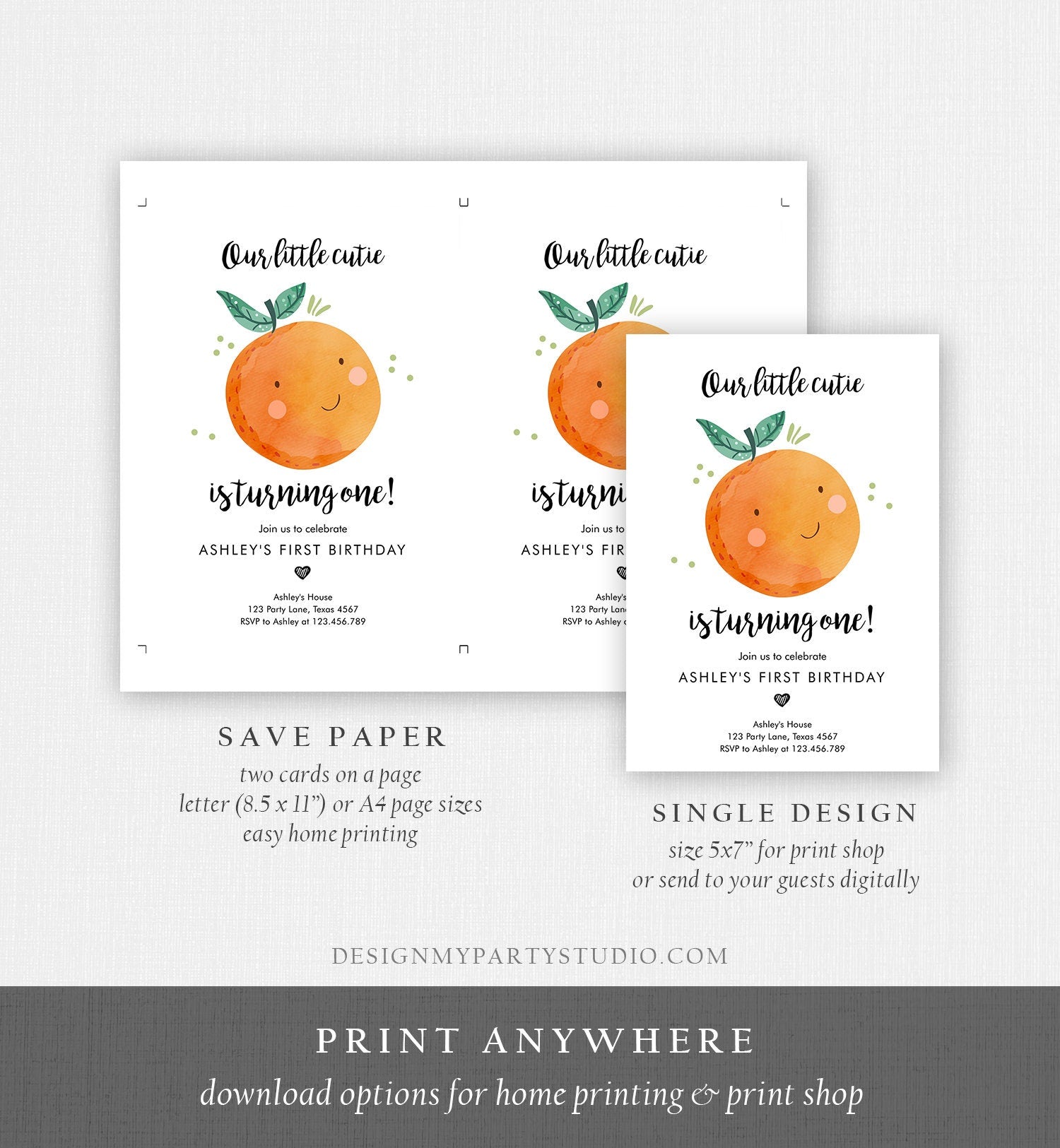 Editable Little Cutie Birthday Invitation Clementine Oranges Party Boy Girl Orange Citrus Digital Download Evite Template Printable 0330