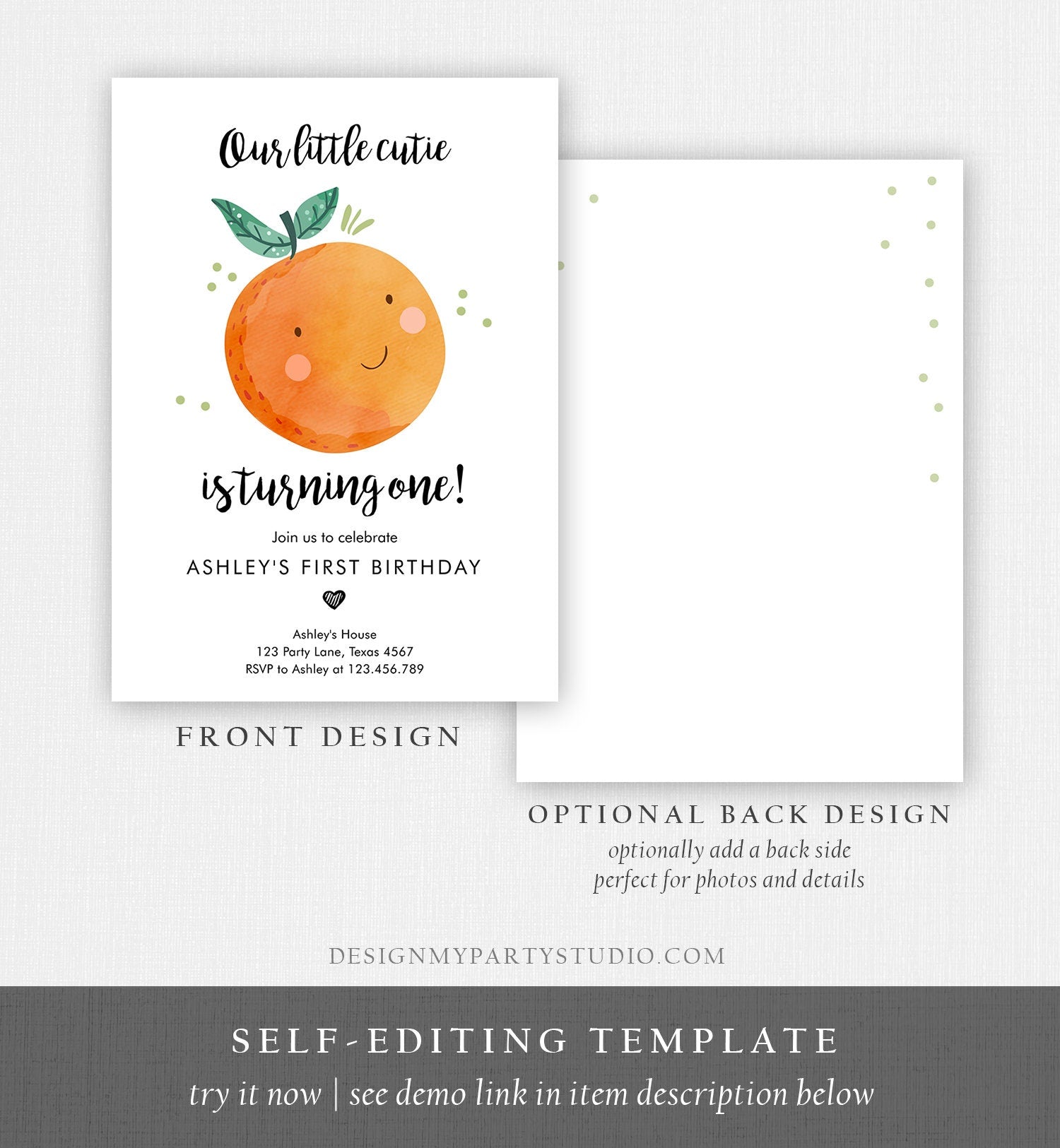 Editable Little Cutie Birthday Invitation Clementine Oranges Party Boy Girl Orange Citrus Digital Download Evite Template Printable 0330