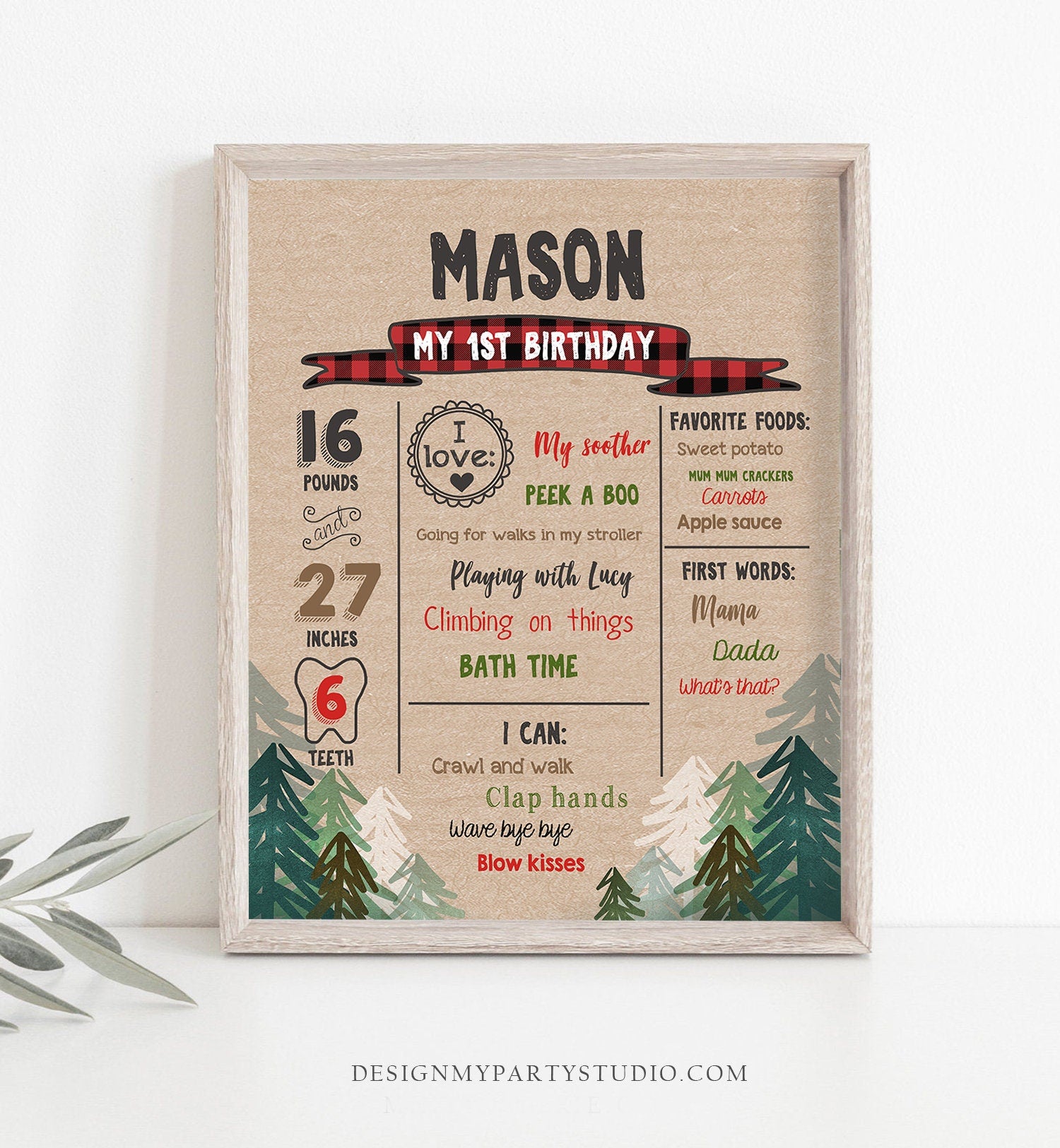 Editable Lumberjack Birthday Milestones Sign Pine Tree Stat Poster Infographic Buffalo Plaid 1st Birthday Bear Template Printable Corjl 0026