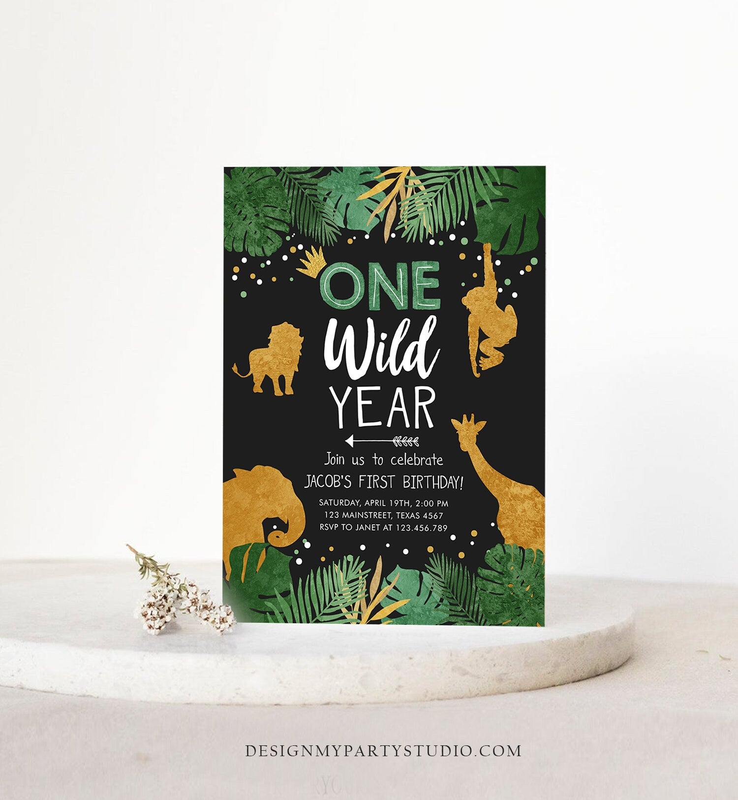 Editable Wild One Birthday Invite Safari Animals Jungle One Wild Year Black Gold First Birthday 1st Download Printable Corjl Template 0016