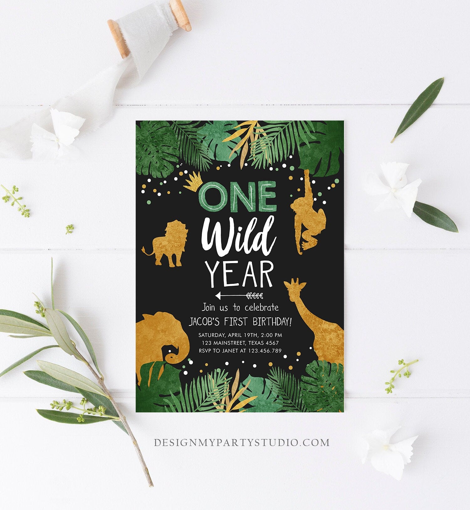 Editable Wild One Birthday Invite Safari Animals Jungle One Wild Year Black Gold First Birthday 1st Download Printable Corjl Template 0016