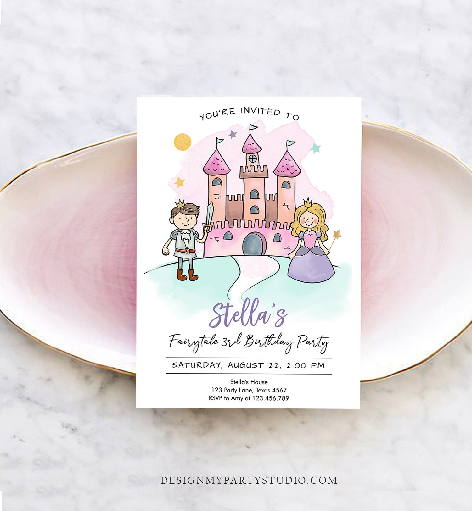 Editable Princess Birthday Invitation Girl Fairytale Birthday Party Knights Prince Castle Download Printable Template Digital Corjl 0385