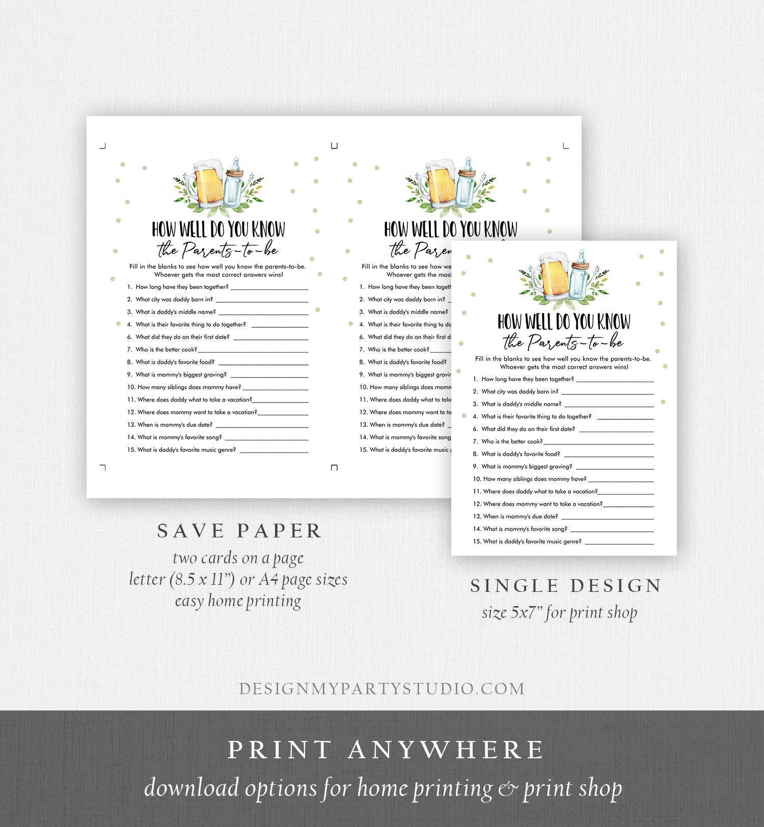 Editable How Well Do You Know the Parents Baby Shower Game Greenery Baby is Brewing Activity Beer Bottle Corjl Template Printable 0190