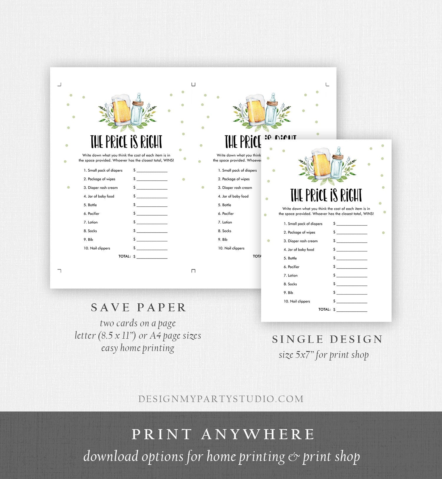 Editable The Price is Right Baby Shower Game Greenery Baby is Brewing Activity Gender Neutral Beer Bottle Corjl Template Printable 0190