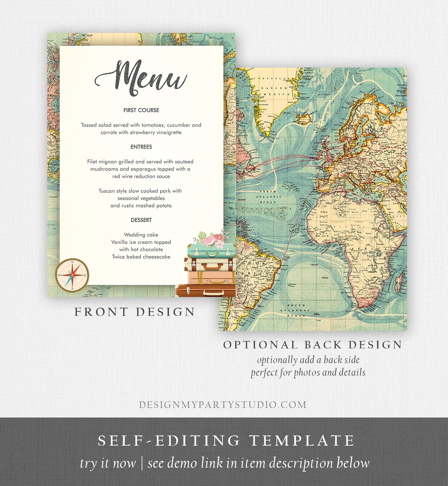 Editable Travel Adventure Menu Card Wedding Bridal Shower Birthday Party Traveling to Mrs Party Download Corjl Template Printable 0044