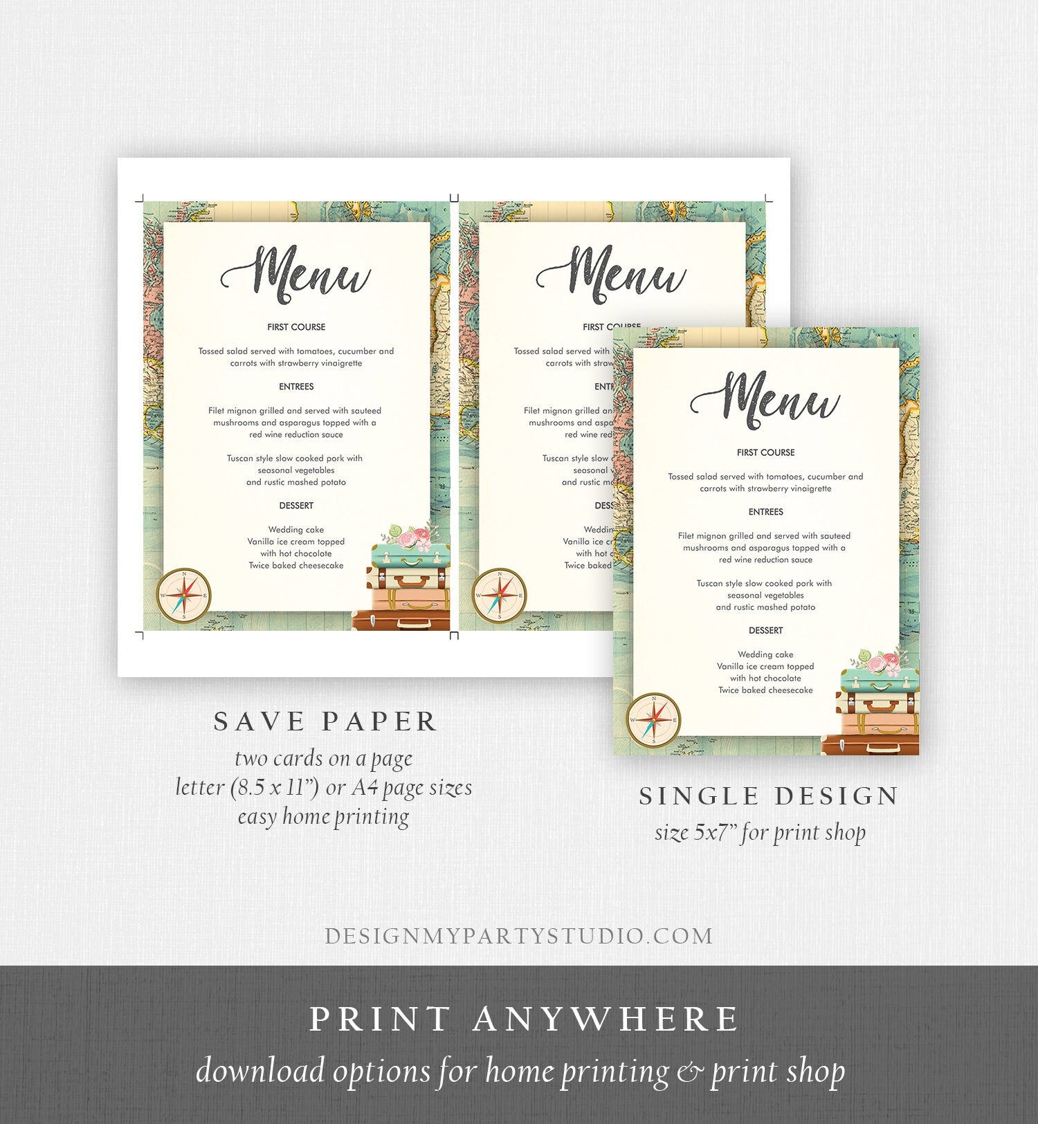 Editable Travel Adventure Menu Card Wedding Bridal Shower Birthday Party Traveling to Mrs Party Download Corjl Template Printable 0044