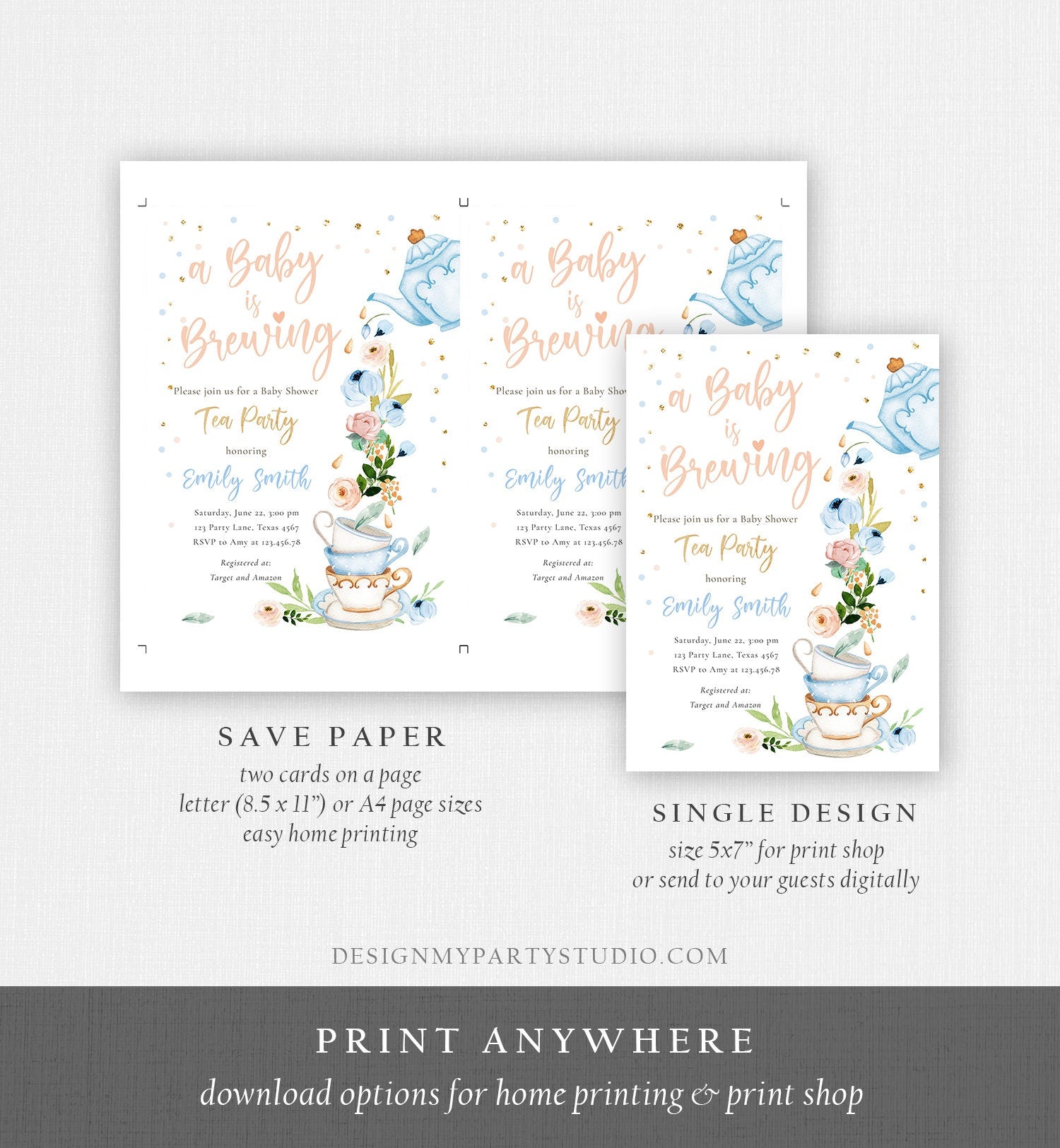 Editable Tea Party Baby Shower Invitation Tea Shower Sprinkle Floral Blue Boy Gold Brunch Bubbly Download Corjl Template Printable 0349