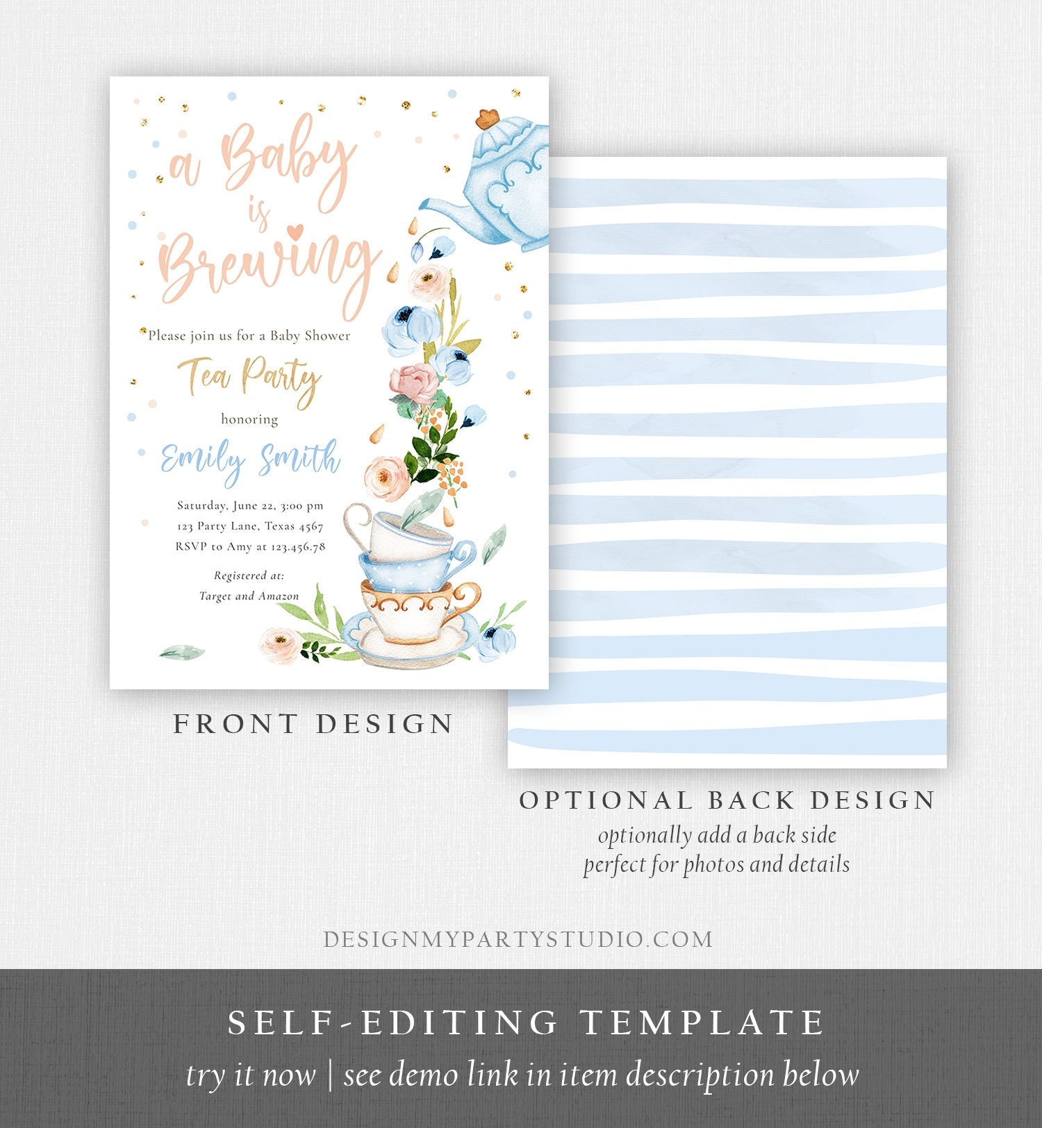 Editable Tea Party Baby Shower Invitation Tea Shower Sprinkle Floral Blue Boy Gold Brunch Bubbly Download Corjl Template Printable 0349