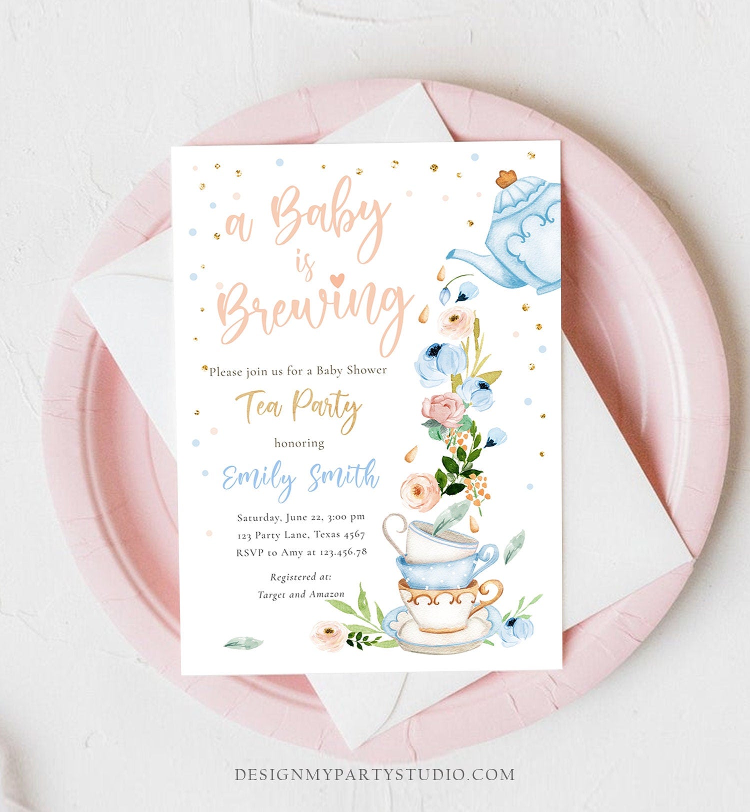 Editable Tea Party Baby Shower Invitation Tea Shower Sprinkle Floral Blue Boy Gold Brunch Bubbly Download Corjl Template Printable 0349