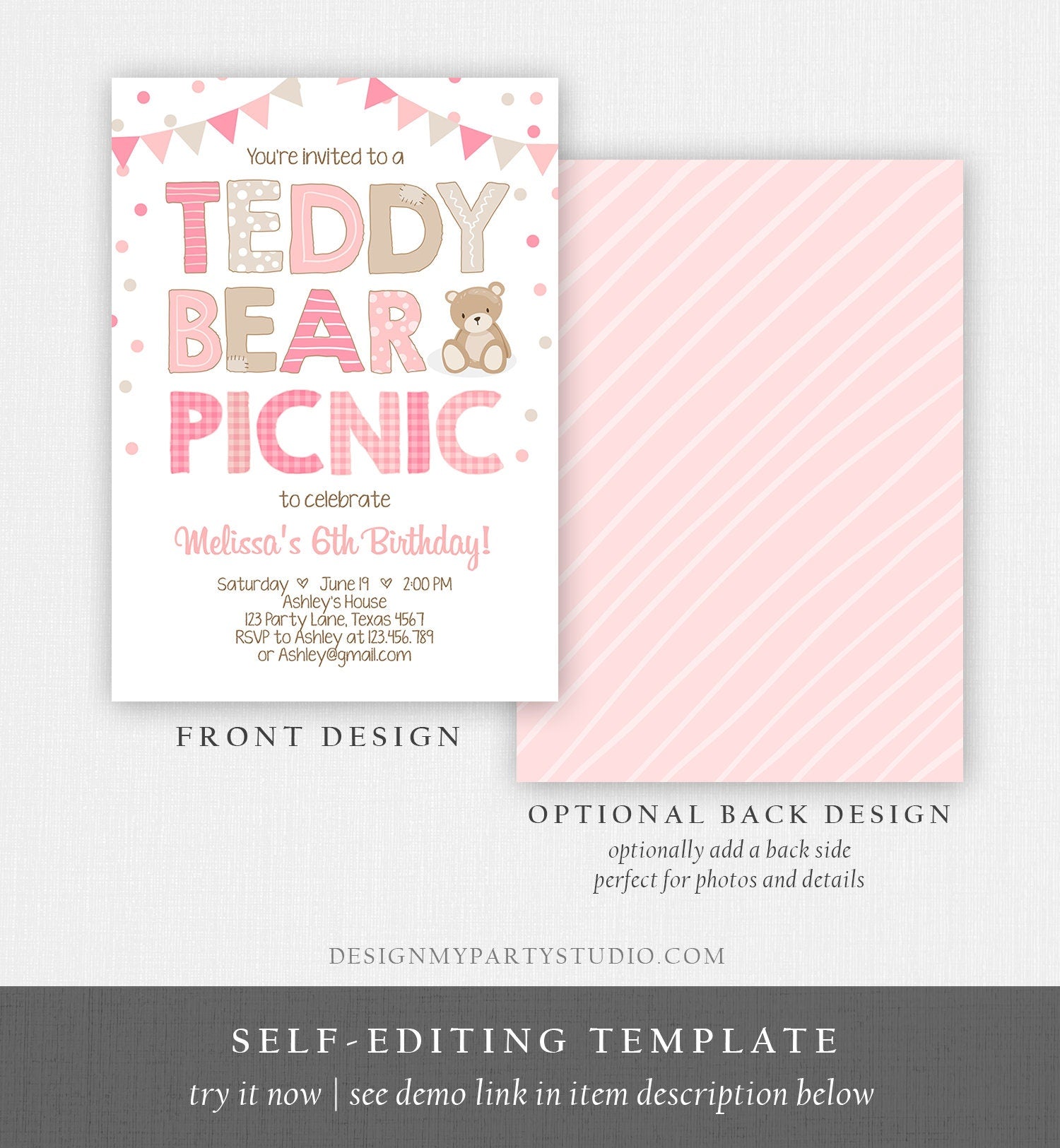 Editable Teddy Bear Picnic Birthday Invitation Girl Pink Bear Birthday Picnic Summer Outdoor Party Printable Digital Corjl Template 0100