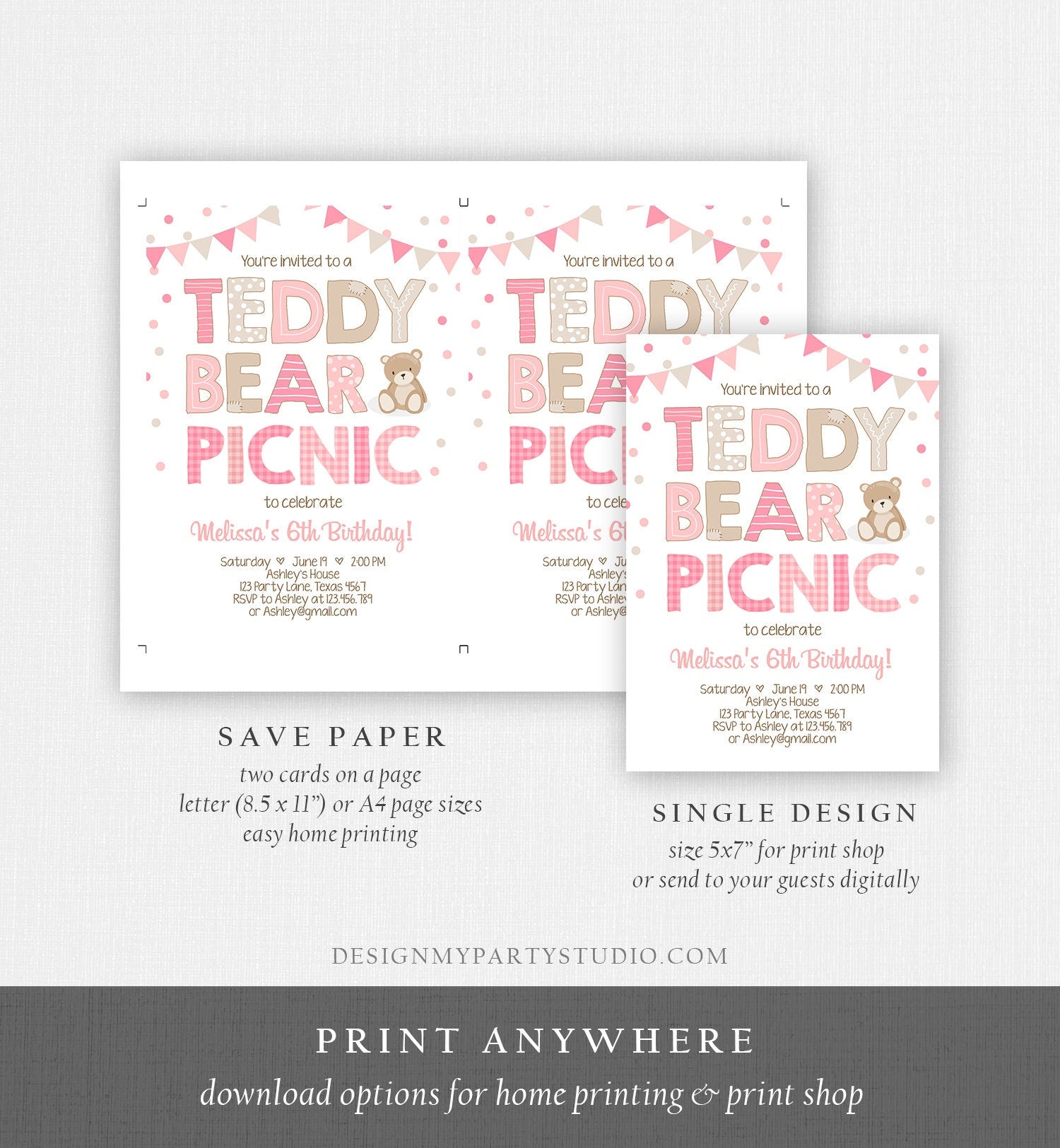 Editable Teddy Bear Picnic Birthday Invitation Girl Pink Bear Birthday Picnic Summer Outdoor Party Printable Digital Corjl Template 0100