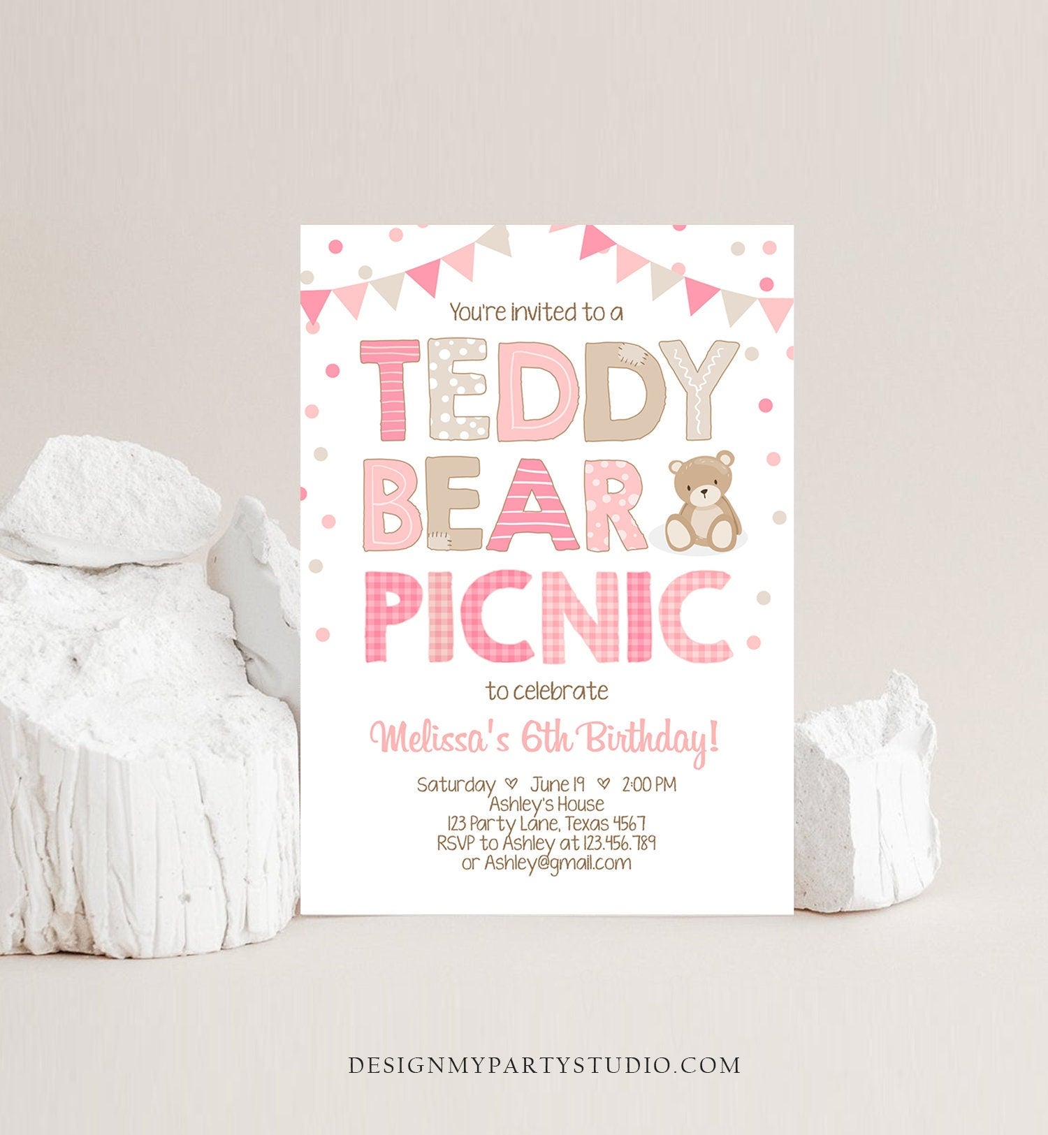 Editable Teddy Bear Picnic Birthday Invitation Girl Pink Bear Birthday Picnic Summer Outdoor Party Printable Digital Corjl Template 0100