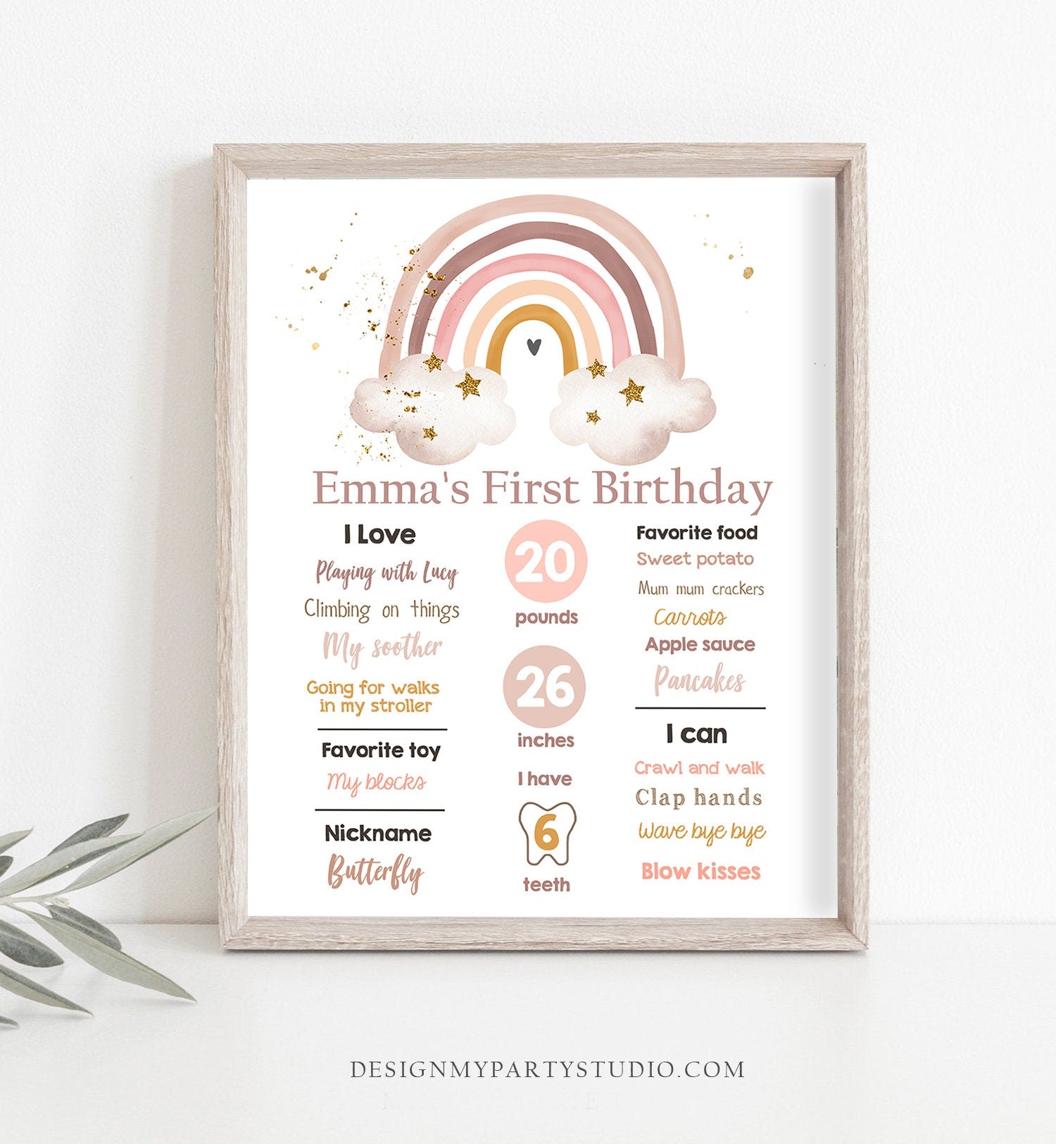 Editable Boho Rainbow Birthday Milestones Sign Girl First Birthday Modern Infographic Decor Digital Download Template Printable 0387