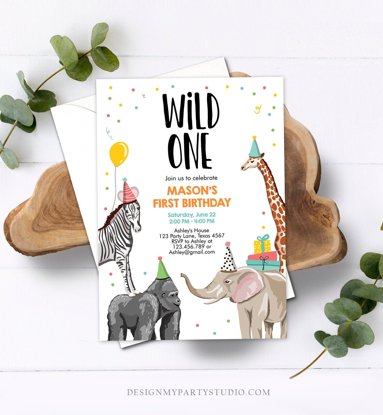 Editable Party Animals Birthday Invitation Wild One Animals Invitation 1st Zoo Safari Animals Boy Download Printable Template Corjl 0142