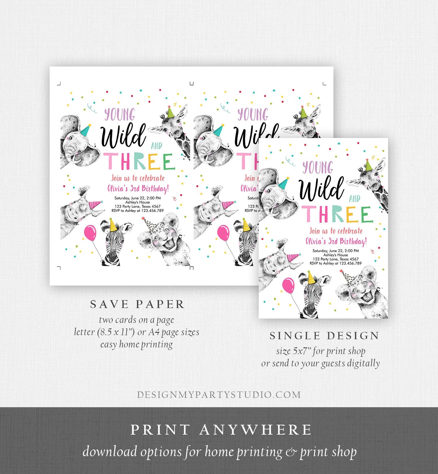 Editable Young Wild and Three Birthday Invitation Girl Pink and Gold Safari Animals Instant Download Printable Template Digital Corjl 0390