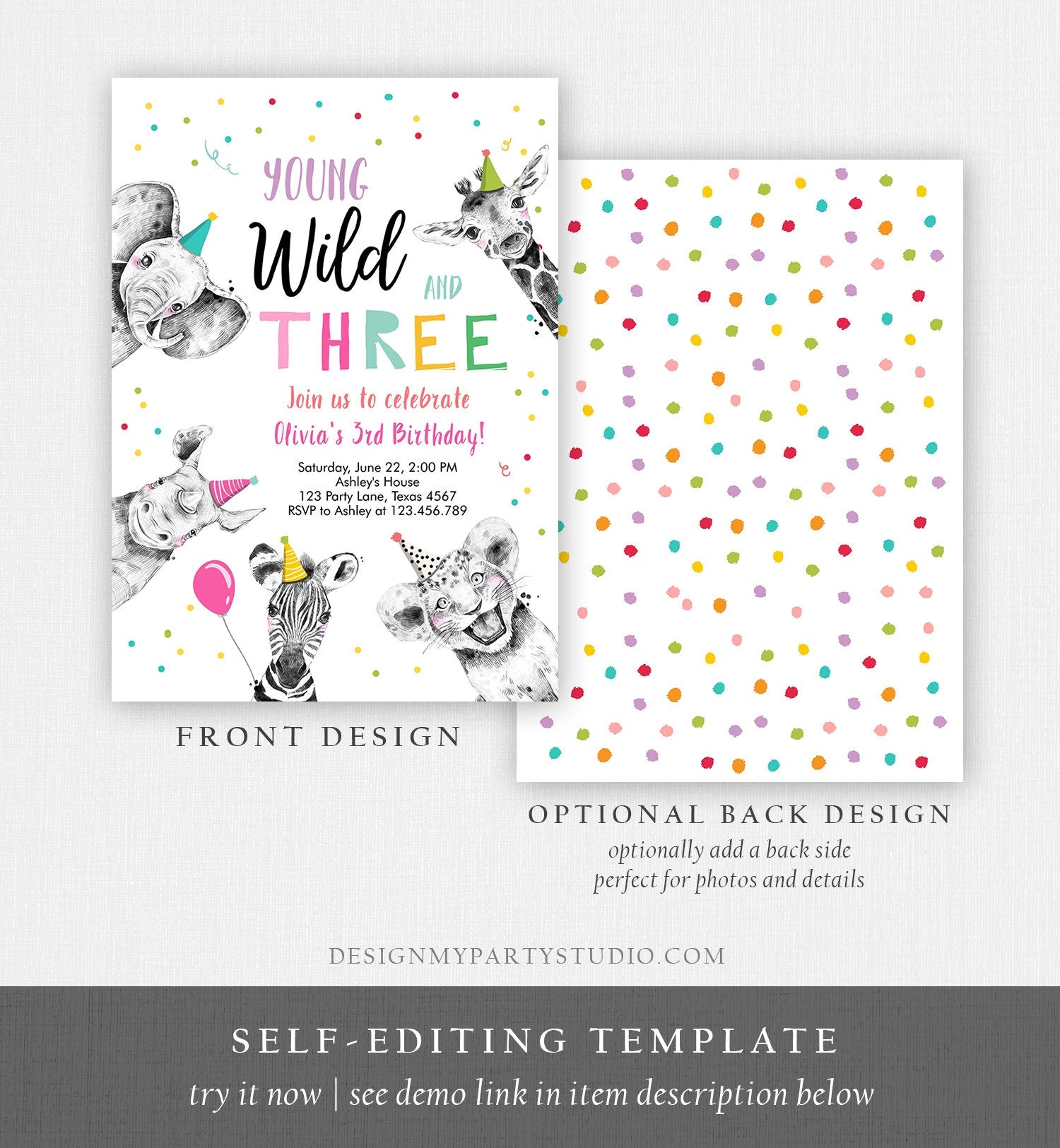 Editable Young Wild and Three Birthday Invitation Girl Pink and Gold Safari Animals Instant Download Printable Template Digital Corjl 0390