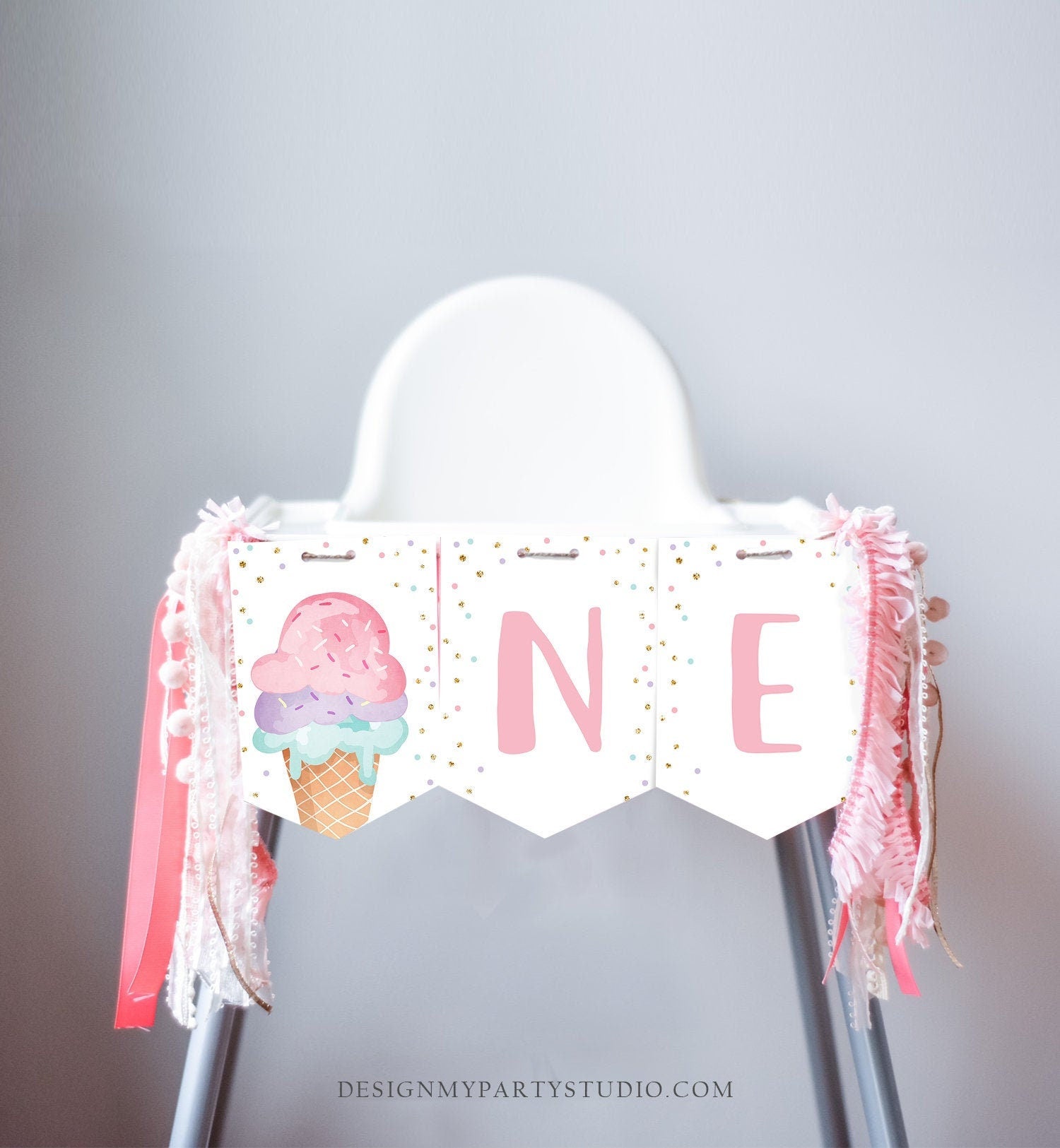 Ice Cream High Chair Banner Pink Mint Gold Ice Cream 1st First Birthday Girl High Chair ONE Banner Party Summer Scoop PRINTABLE Digital 0243