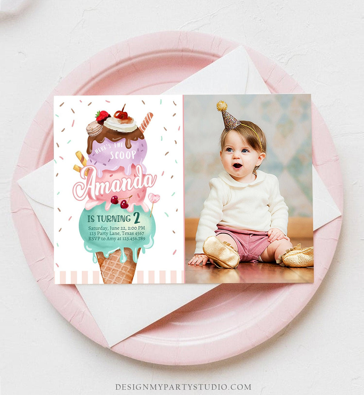 Editable Ice Cream Birthday Invitation Here&#39;s the Scoop Invite Cone Ice Cream Party 1st Pink Mint Purple Printable Template Corjl 0392