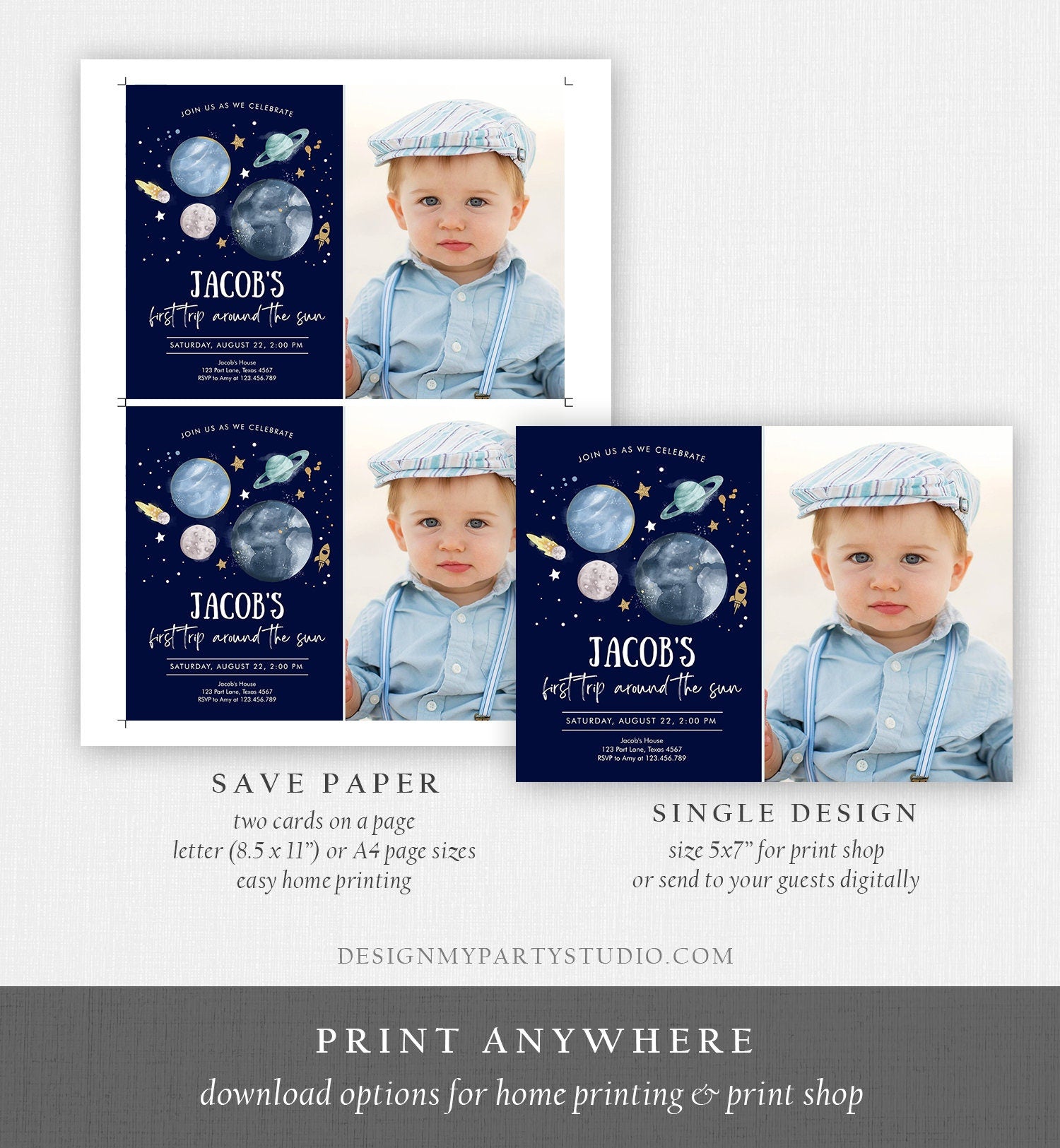 Editable Outer Space First Birthday Invitation Galaxy Blast Off First Trip Around the Sun Download Printable Template Digital Corjl 0357