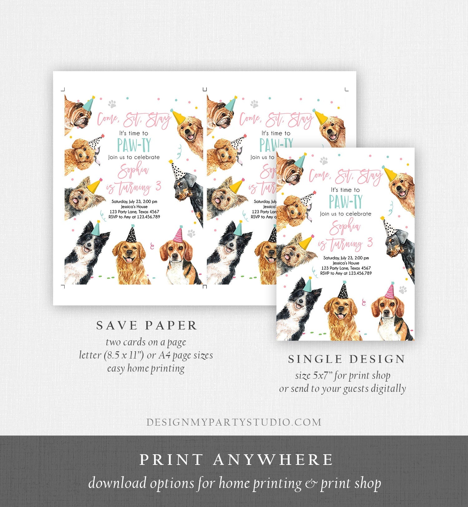 Editable Dog Birthday Party Invitation Puppy Birthday Invite Pink Girl Doggy Shelter Animal Pet Vet Download Printable Template Corjl 0384