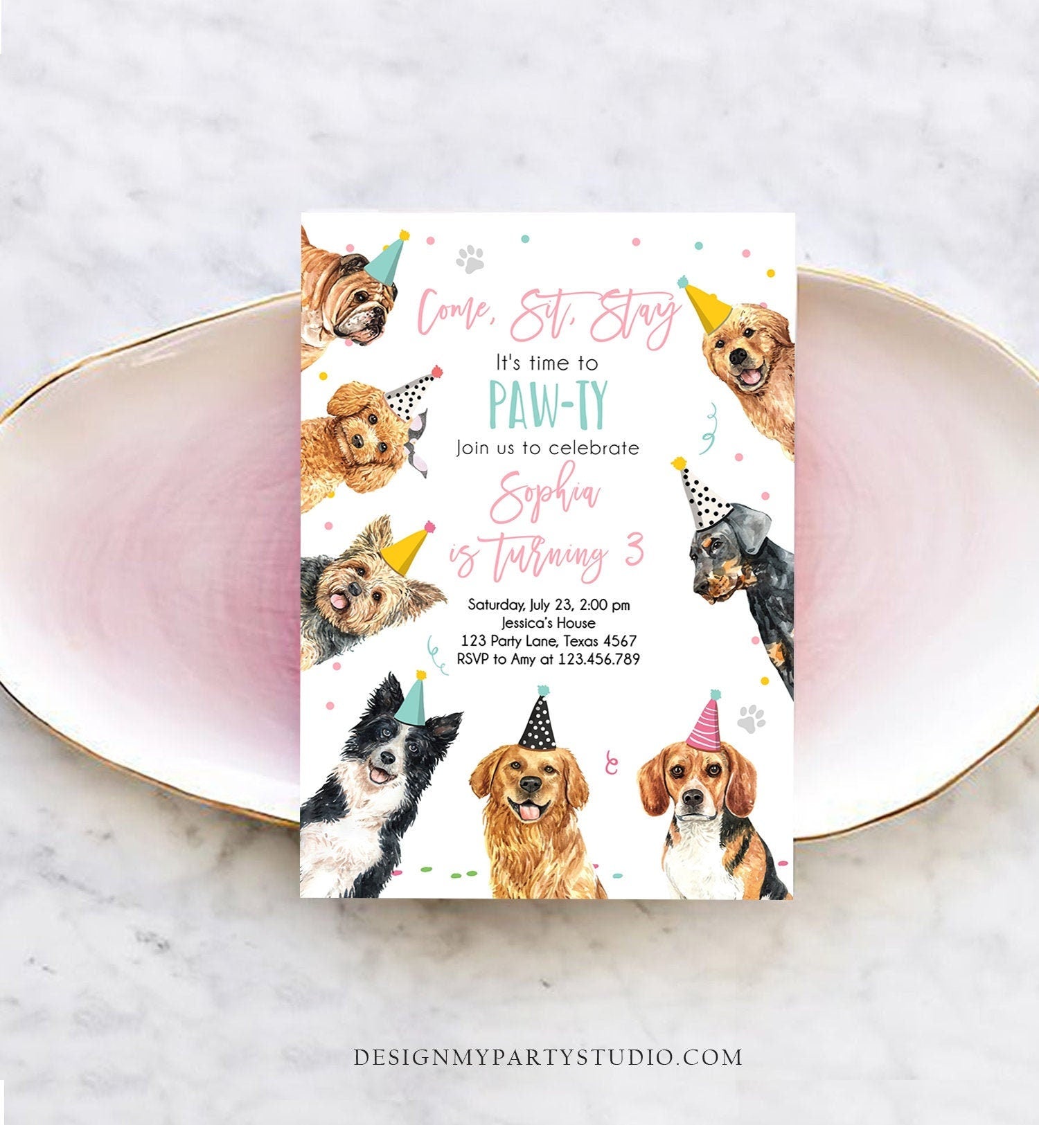 Editable Dog Birthday Party Invitation Puppy Birthday Invite Pink Girl Doggy Shelter Animal Pet Vet Download Printable Template Corjl 0384