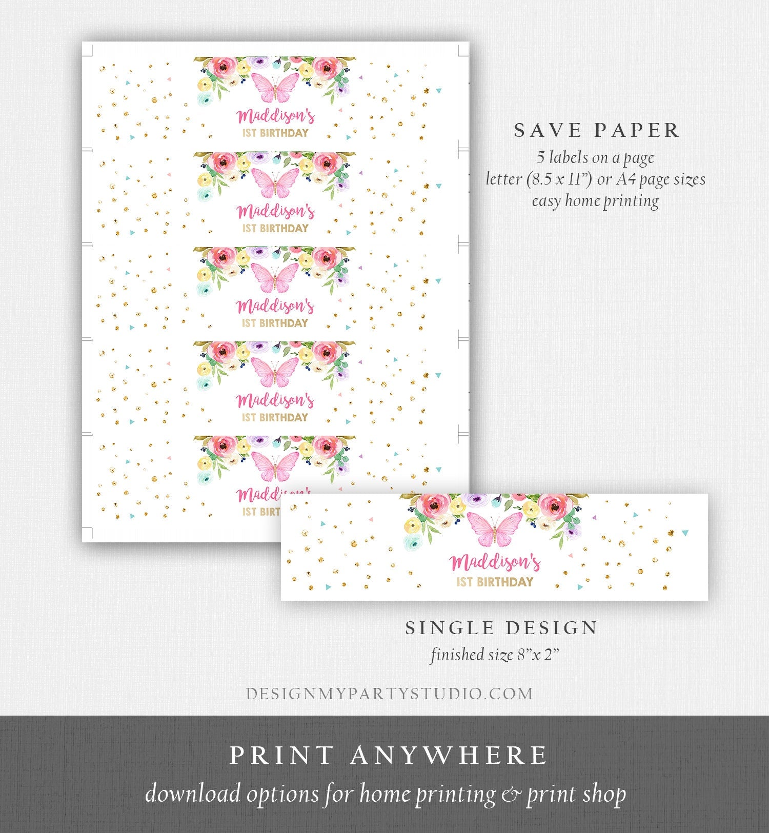 Editable Butterfly Water Bottle Label Girl First Birthday Party Garden Pink Gold Spring Drinks Labels Download Printable Template Corjl 0162