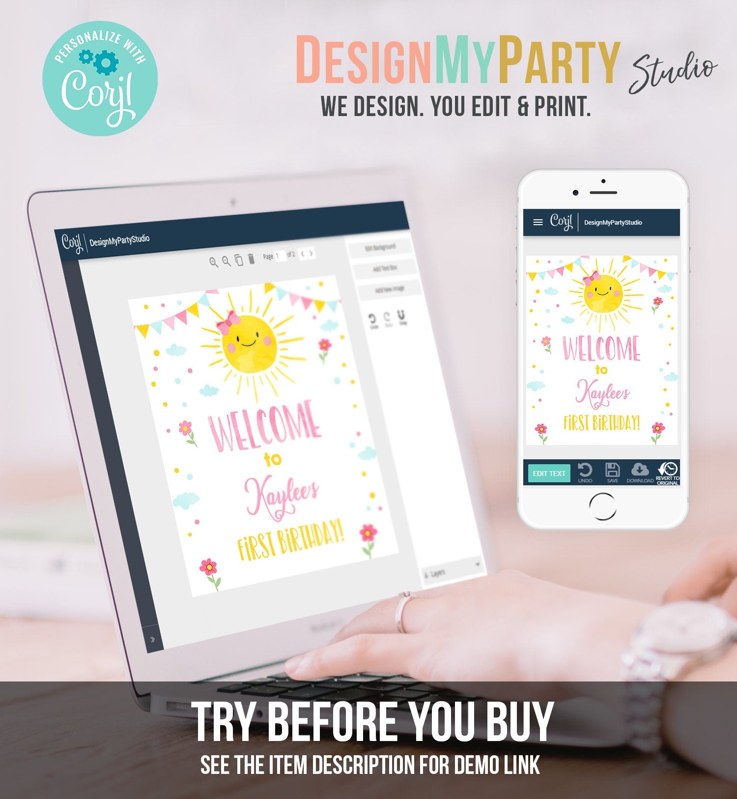 Editable Sunshine Welcome Sign Little Sunshine Birthday Party Pink Girl Lemonade and Fun Lemonade Stand Summer Template PRINTABLE Corjl 0141