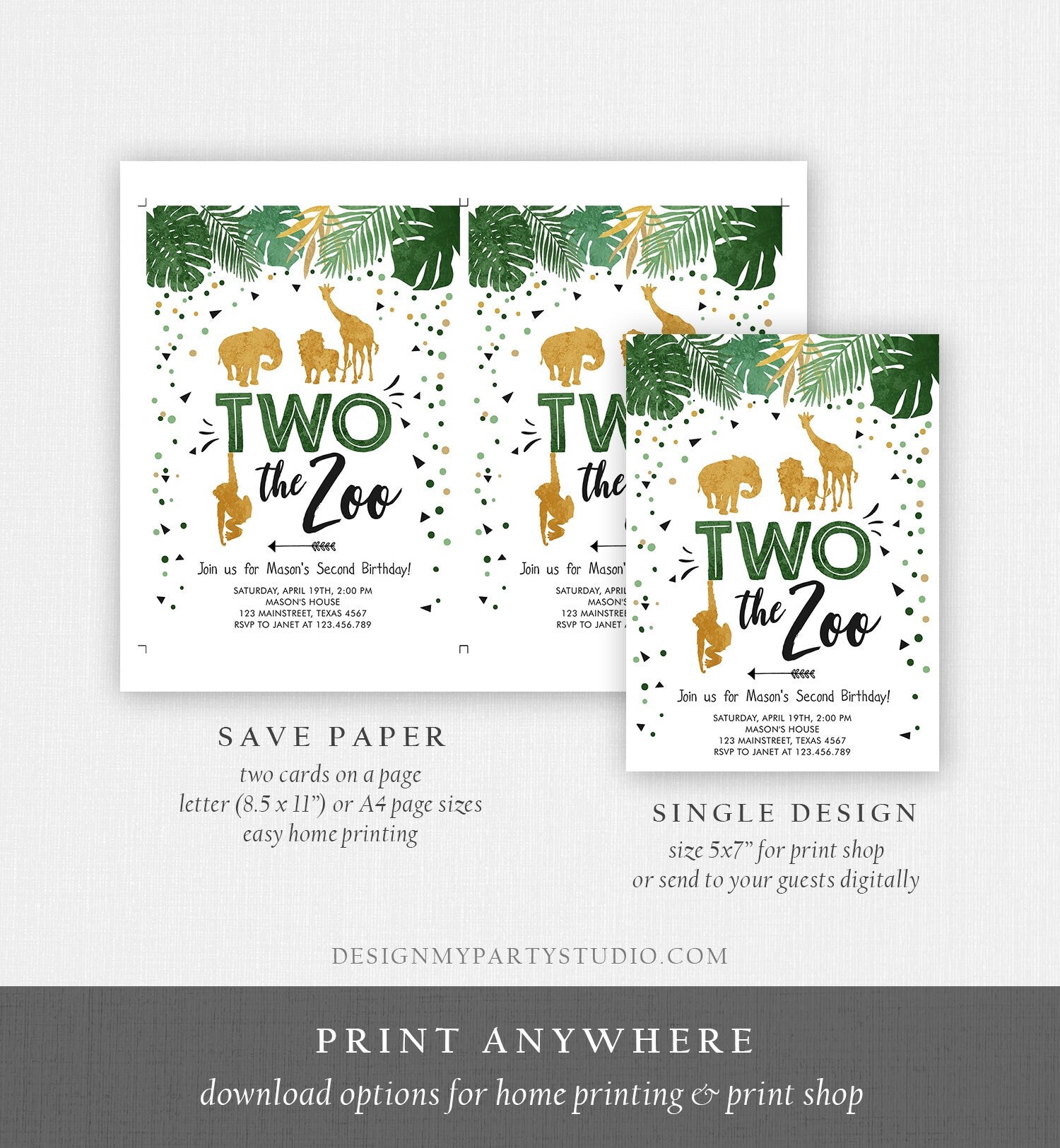 Editable Two the Zoo Birthday Invitation Safari Animals Party Jungle Boy Second Birthday 2nd Two Wild Gold Printable Corjl Template 0016