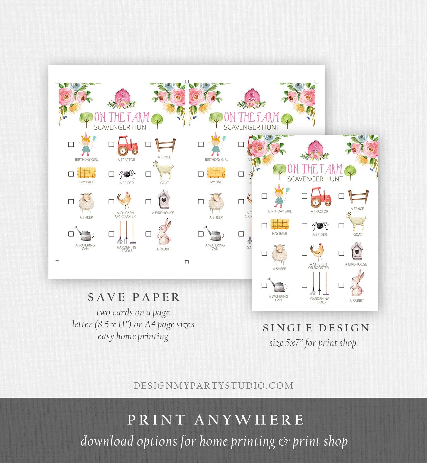 Editable Farm Scavenger Hunt Checklist Game Party Girl Pink Farm Birthday Barnyard Party Nature Instant Download Template Corjl 0155