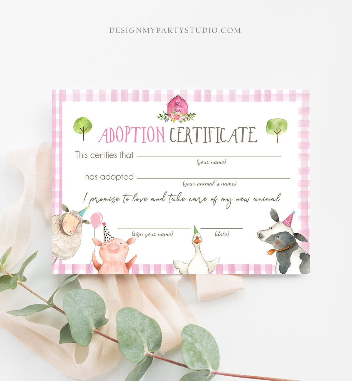 Adopt an Animal Adoption Certificate Farm Animals Adoption Pink Farm Birthday Party Barnyard Birthday Girl Download Digital PRINTABLE 0155