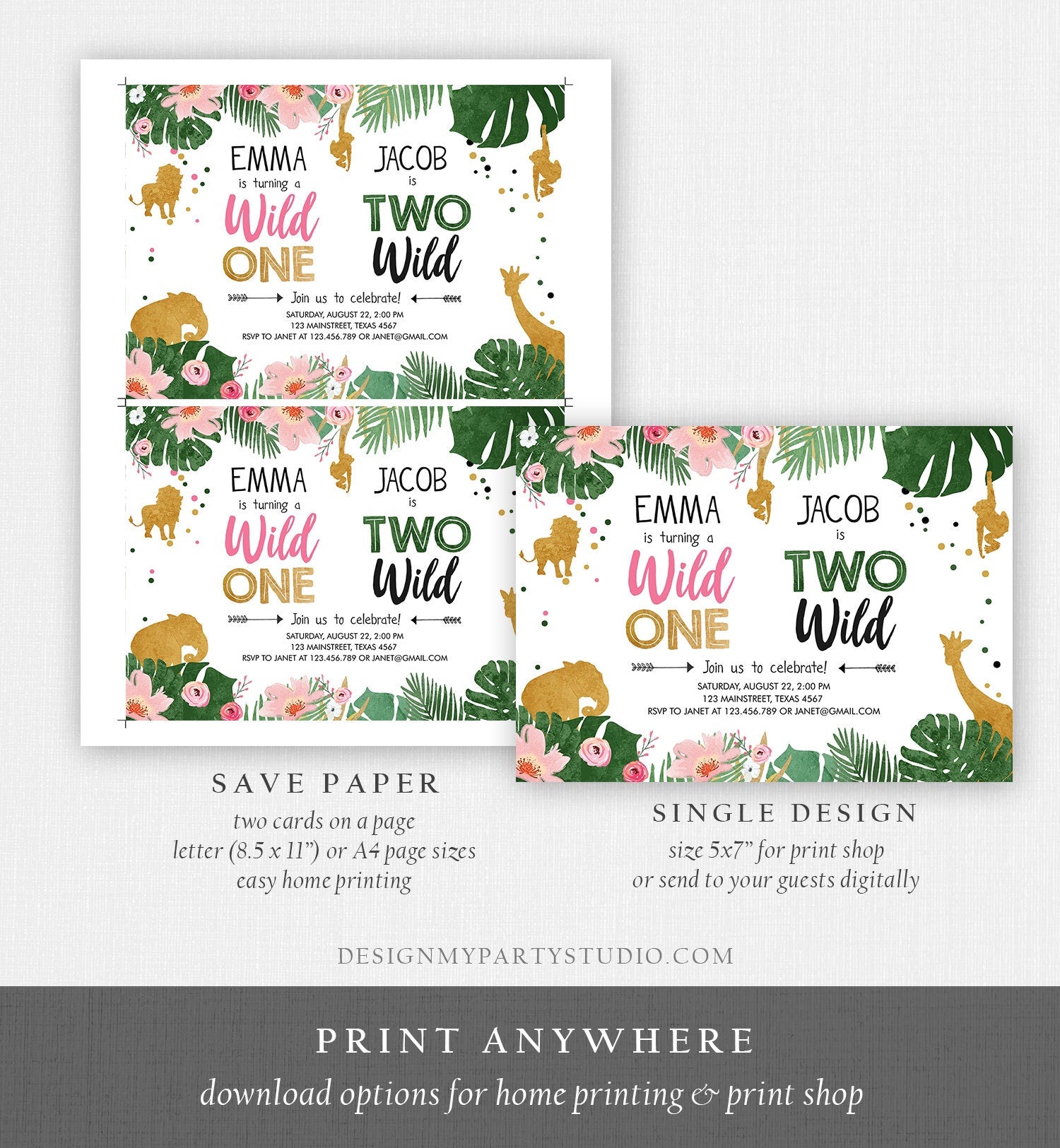 Editable Wild One Two Wild Birthday Invitation Safari Animals Boy Girl First Second Birthday Gold Joint Dual Corjl Template Printable 0016