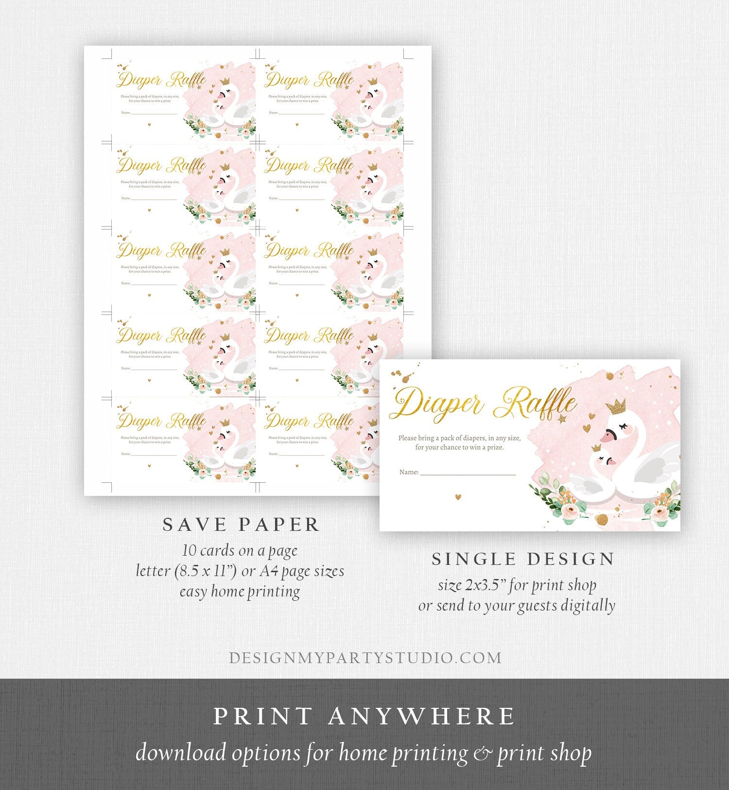 Editable Swan Diaper Raffle Ticket Diaper Game Card Swan Baby Shower Girl Princess Pink Gold Insert Download Template Corjl PRINTABLE 0382