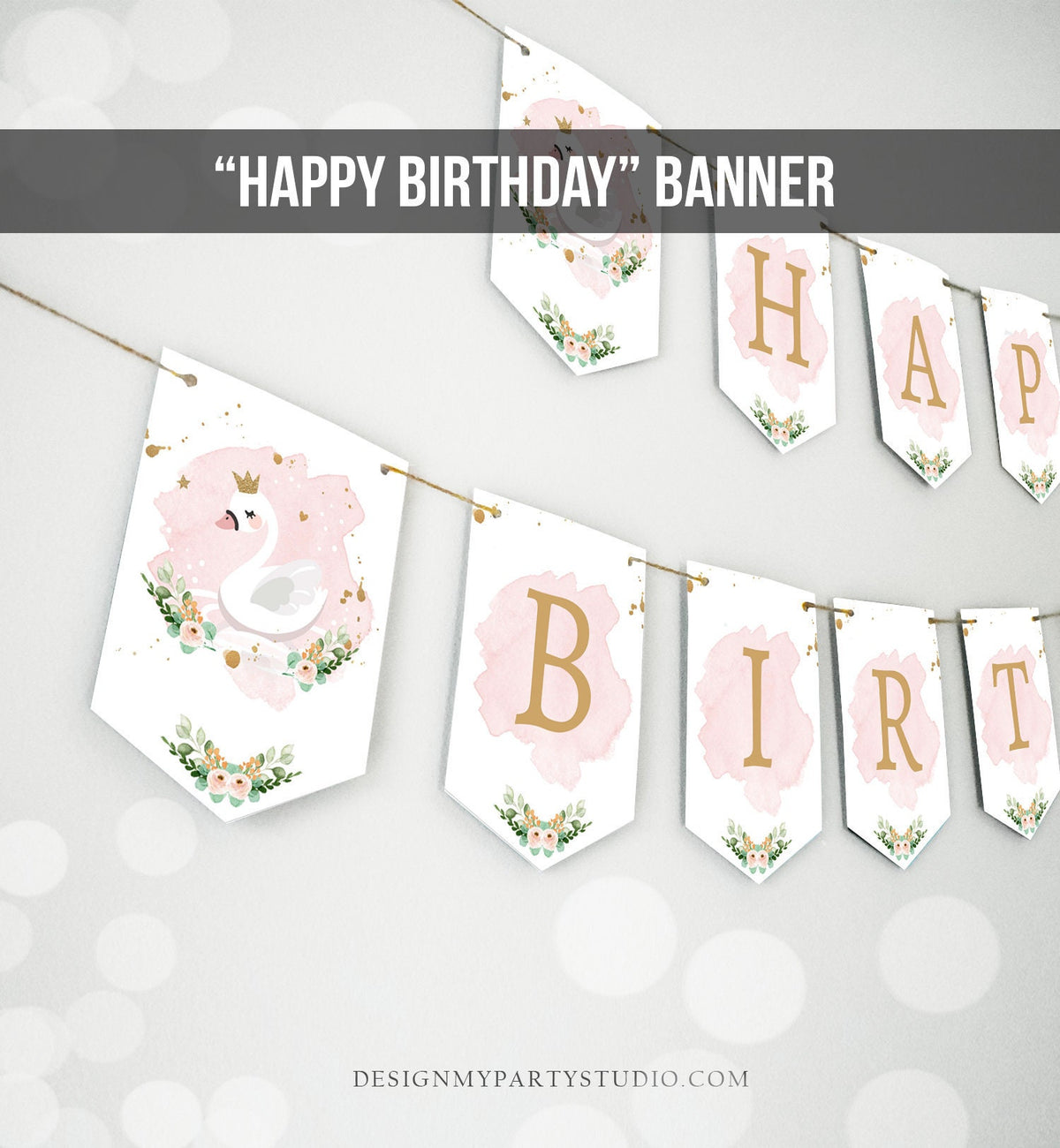 Happy Birthday Banner Swan Birthday Banner Girl Princess Pink and Gold Birthday Decorations Floral Instant Digital Download Printable 0382