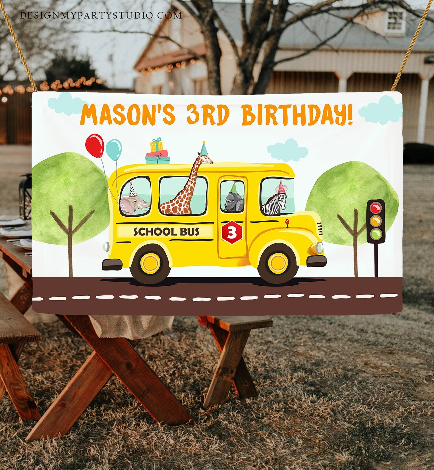 Editable Wheels on the Bus Backdrop Banner School Bus Birthday Boy Wheels on The Bus Birthday Party Download Corjl Template Printable 0325