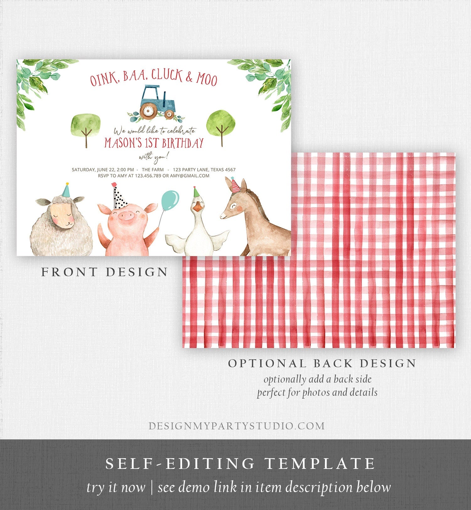 Editable Farm Birthday Invitation Boy Farm Animals Tractor Barnyard Barn Birthday Party Animals Digital Download Template Printable 0155