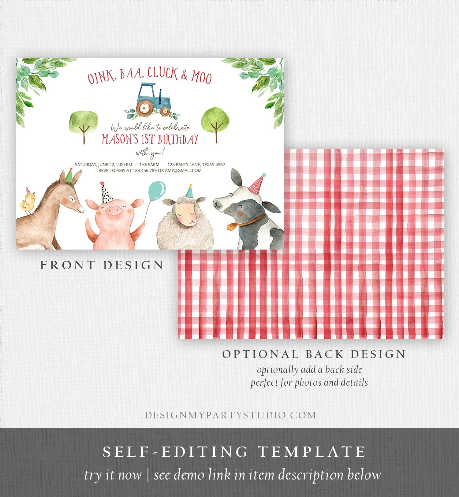 Editable Farm Birthday Invitation Boy Farm Animals Tractor Barnyard Barn Birthday Party Animals Digital Corjl Template Printable 0155